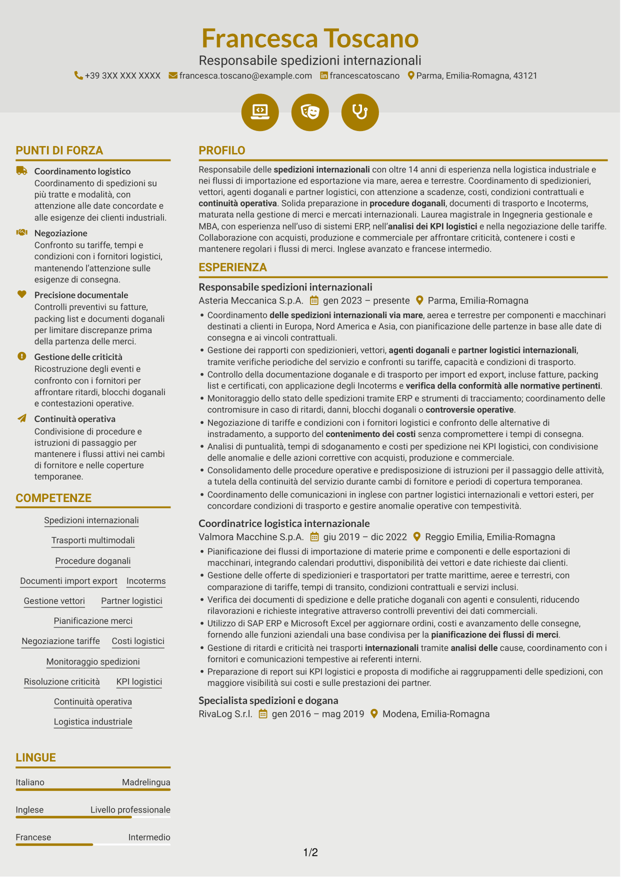 CV Dinamico (formato a due colonne con icone): Responsabile spedizioni internazionali, pagina 1