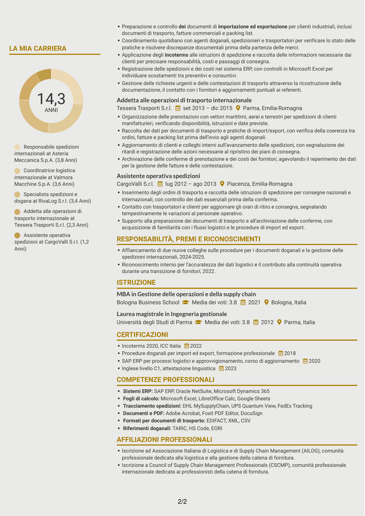 CV Dinamico (formato a due colonne con icone): Responsabile spedizioni internazionali, pagina 2