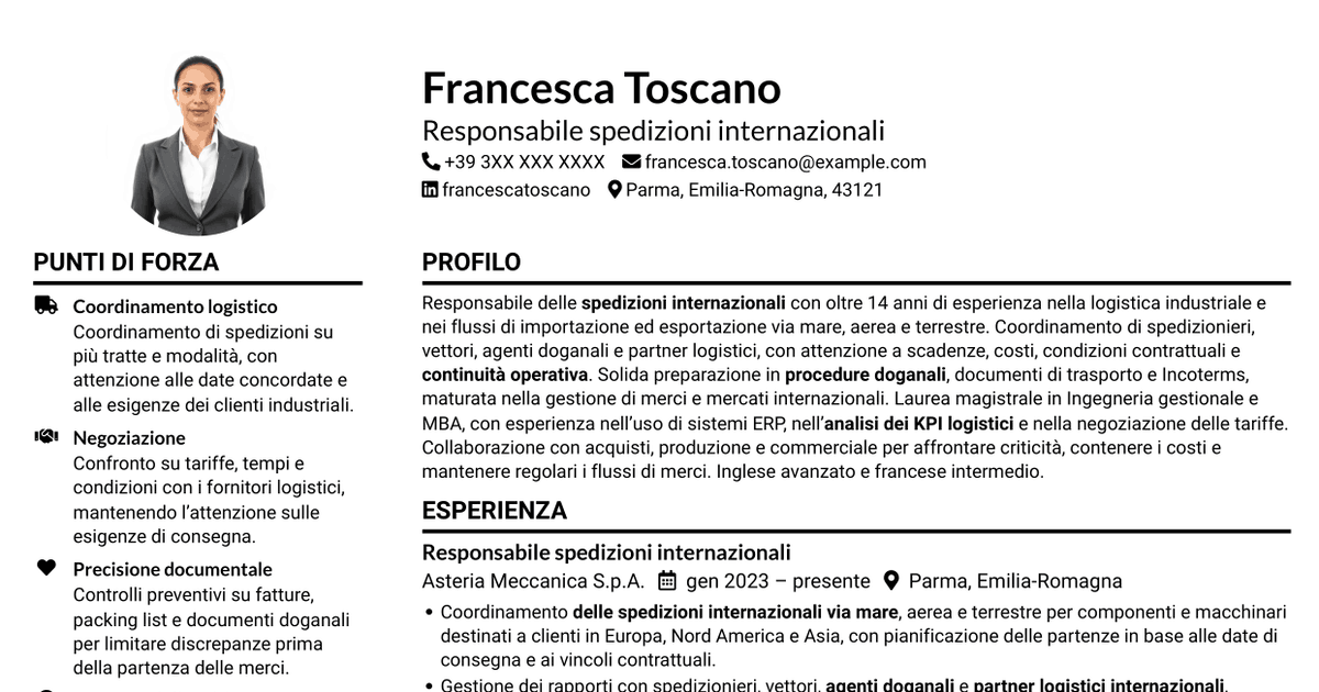 7 modelli di CV per Responsabile spedizioni internazionali, con esempi