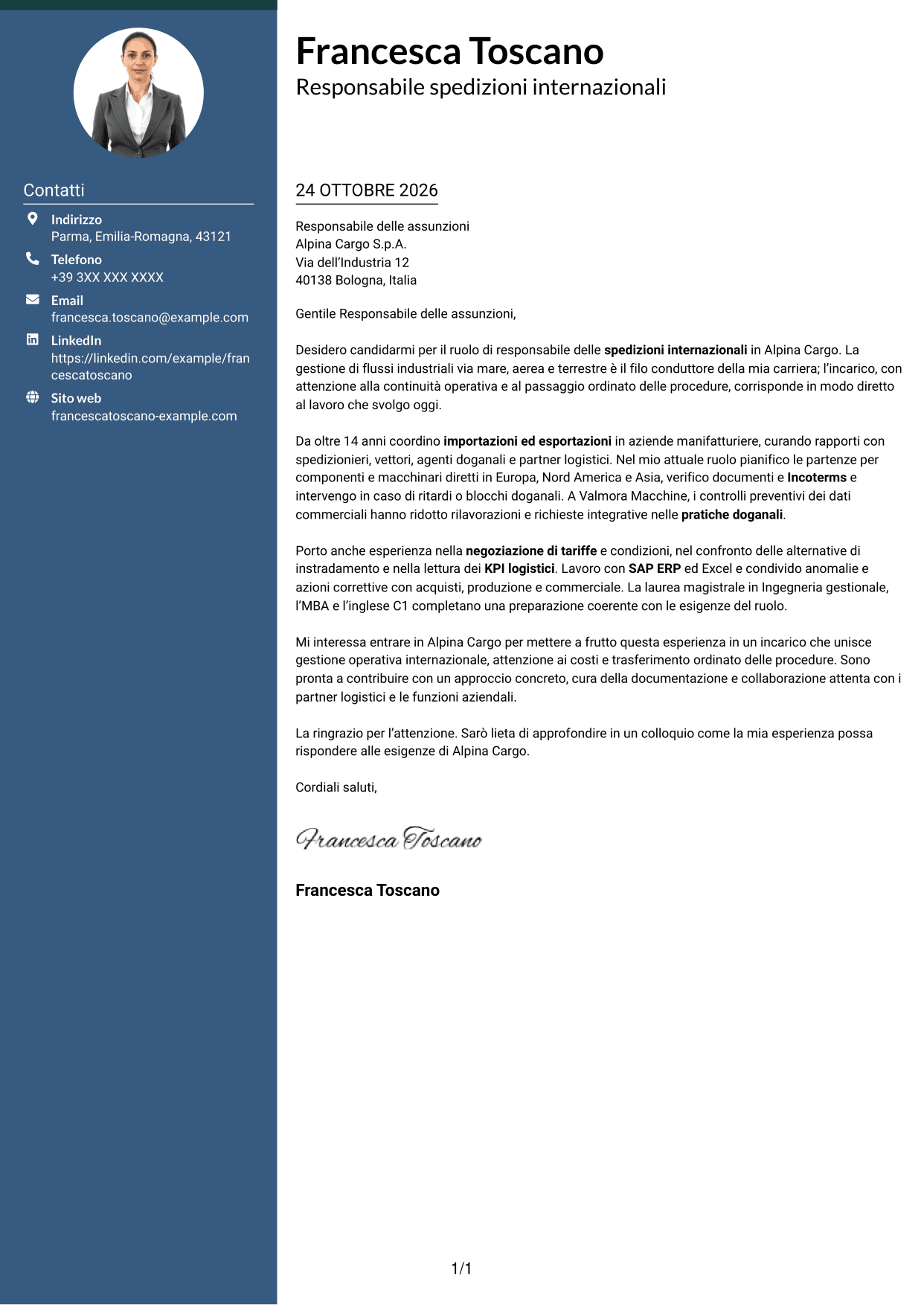 Lettera di presentazione Elegante (formato con colonna laterale colorata e foto): Responsabile spedizioni internazionali, pagina 1