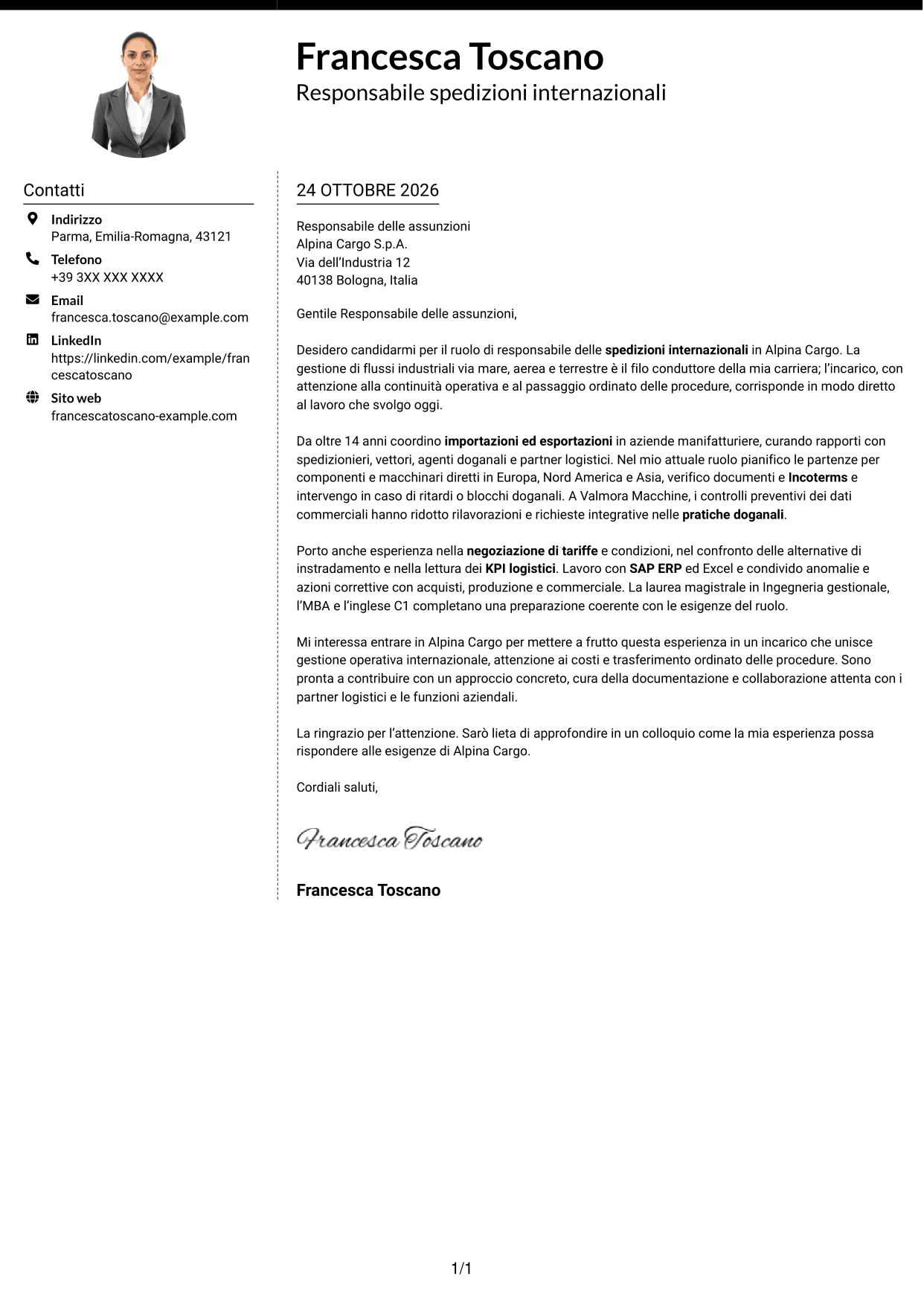 Lettera di presentazione Moderno (formato a due colonne con foto a sinistra e separatore): Responsabile spedizioni internazionali, pagina 1