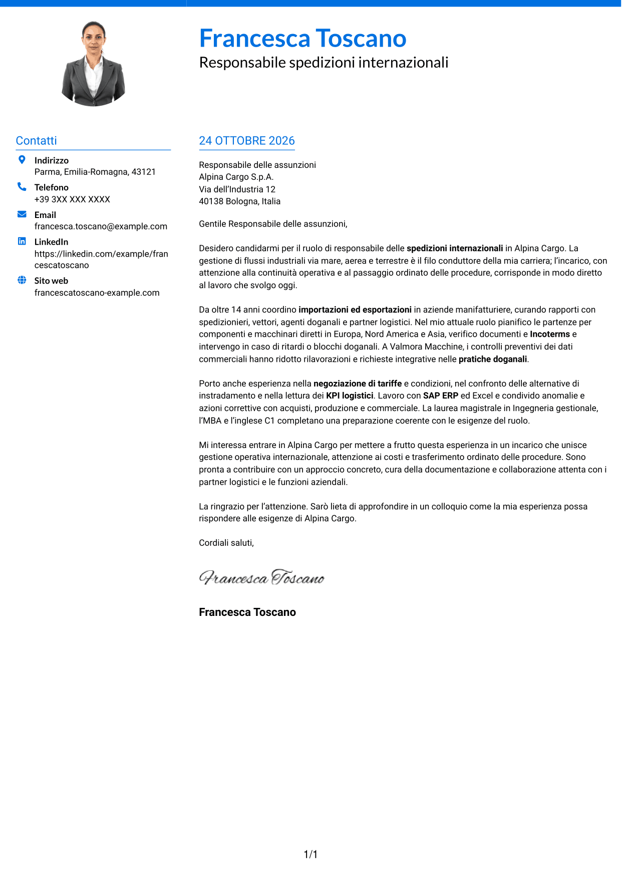 Lettera di presentazione Audace (formato a due colonne con accenti colorati e foto): Responsabile spedizioni internazionali, pagina 1