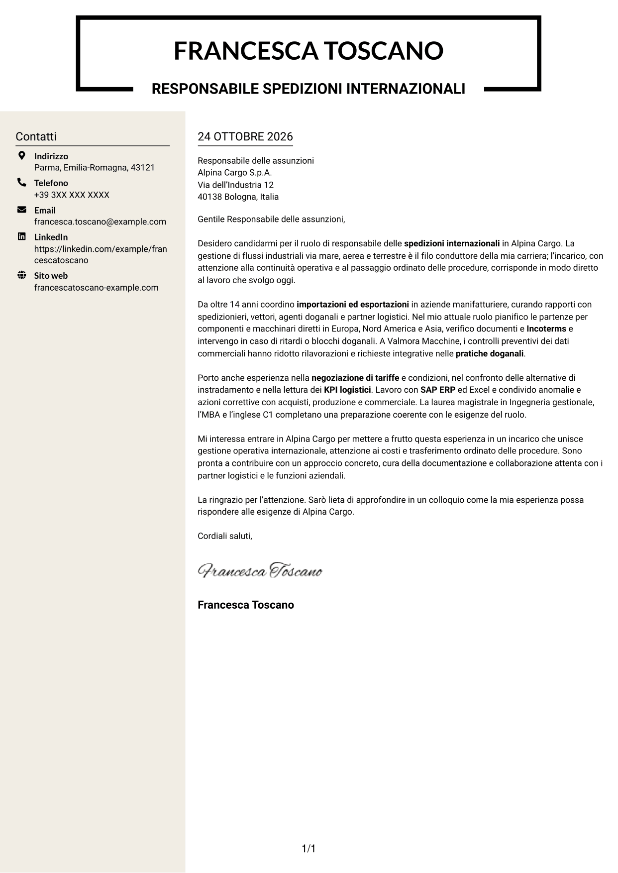 Lettera di presentazione Intraprendente (formato a due colonne con intestazione centrata senza foto): Responsabile spedizioni internazionali, pagina 1