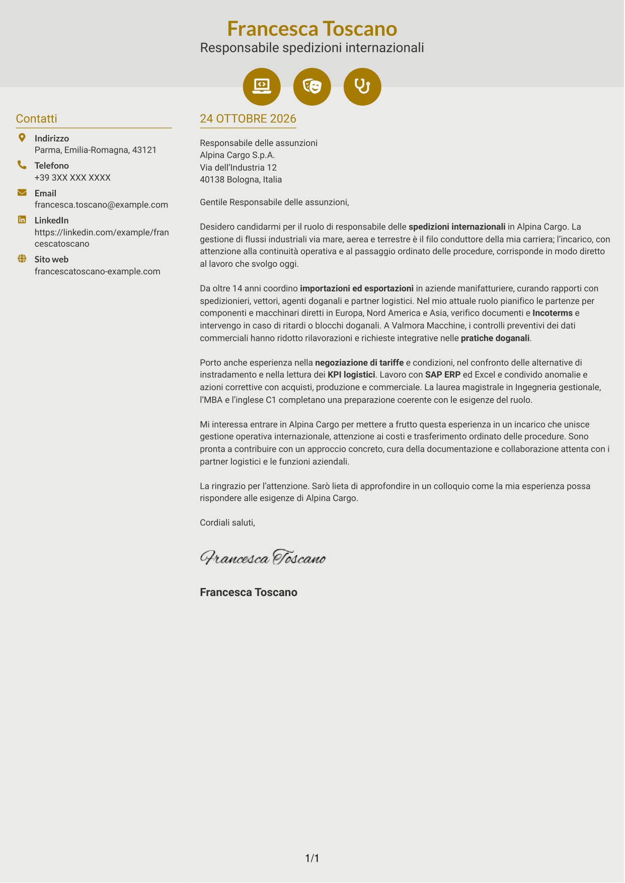 Lettera di presentazione Dinamico (formato a due colonne con icone): Responsabile spedizioni internazionali, pagina 1