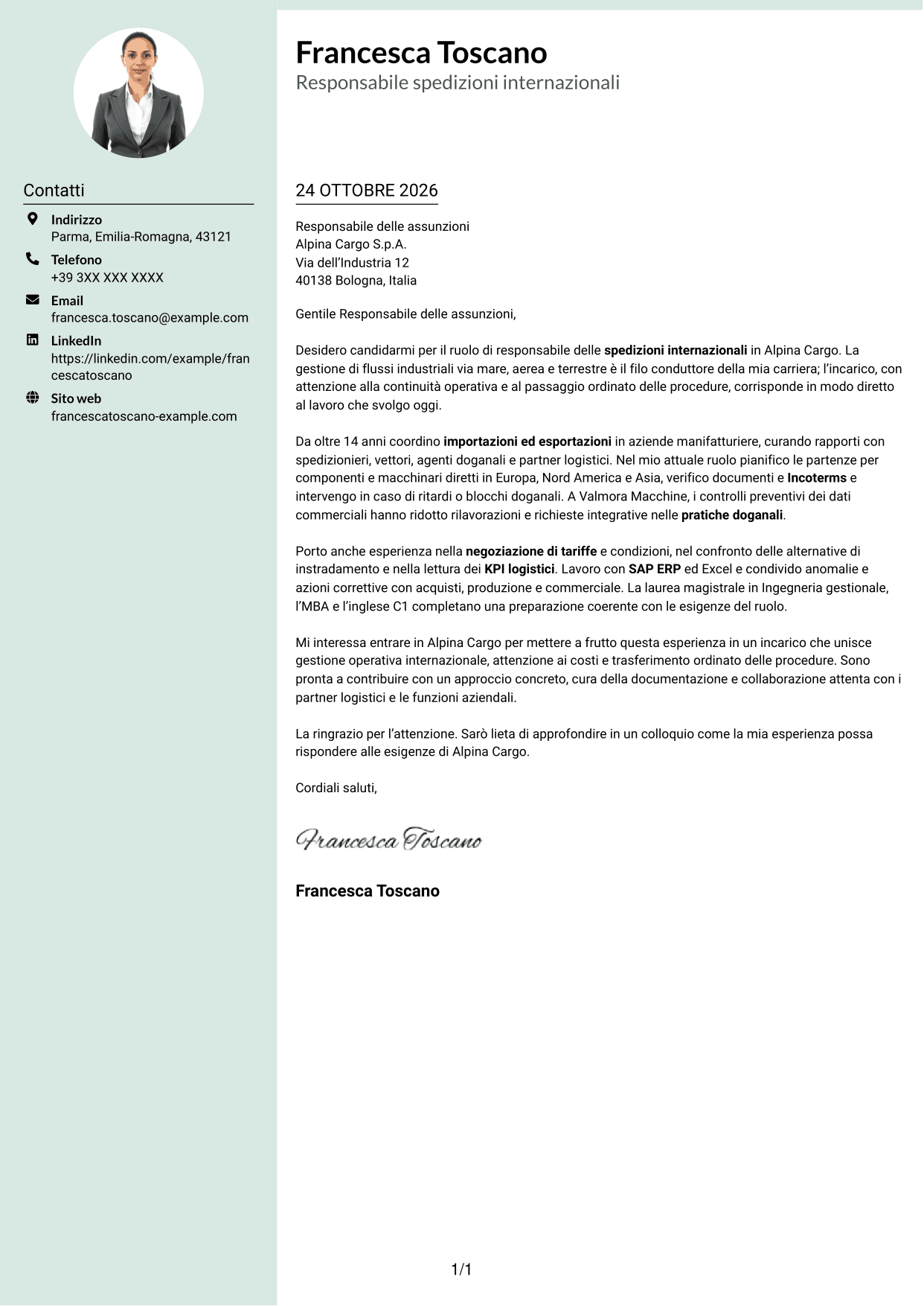 Lettera di presentazione Dirigente (formato con colonna laterale tenue e foto arrotondata): Responsabile spedizioni internazionali, pagina 1