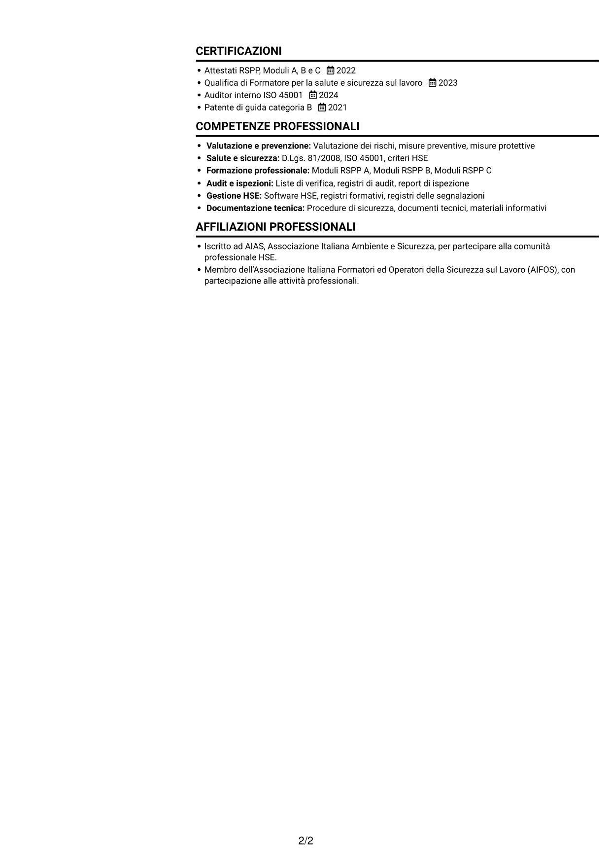 CV Compatto (formato sobrio a due colonne con foto): RSPP e Formatore - Sicurezza industriale, pagina 2