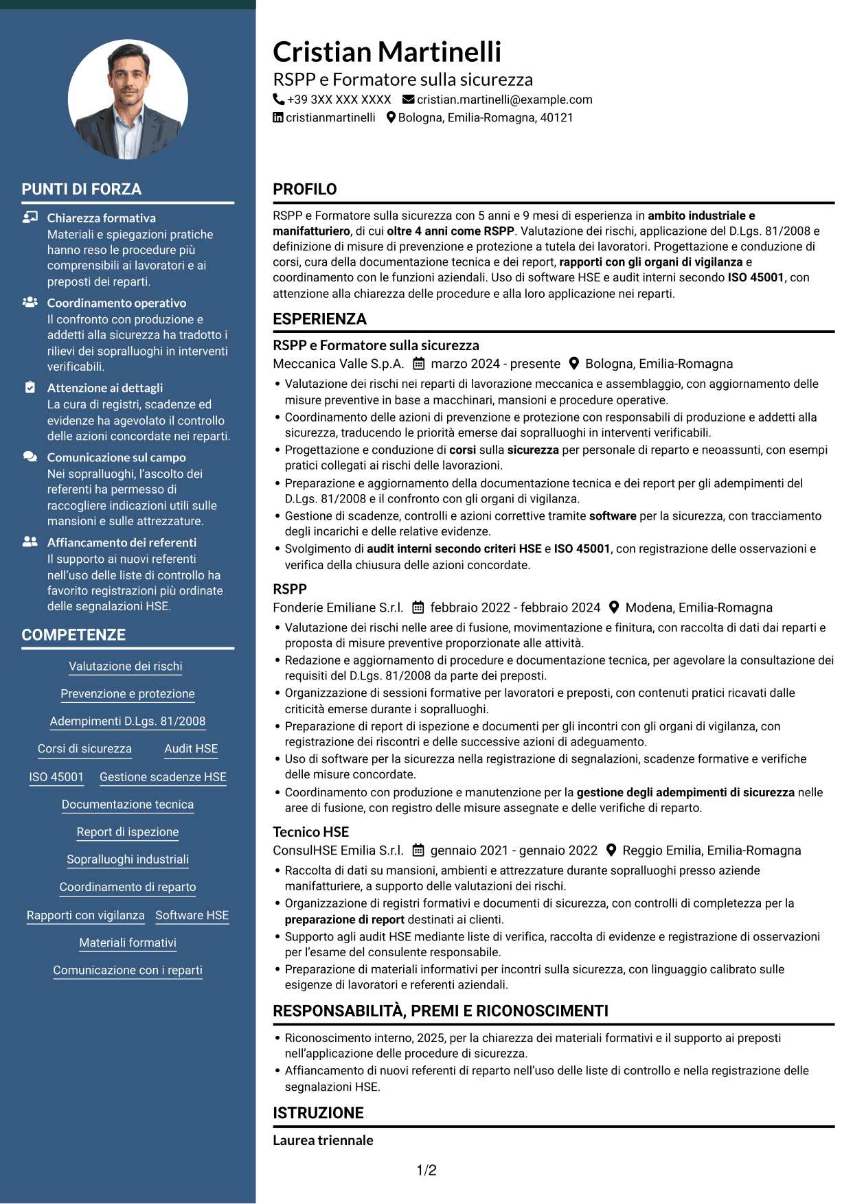 CV Elegante (formato con colonna laterale colorata e foto): RSPP e Formatore - Sicurezza industriale, pagina 1