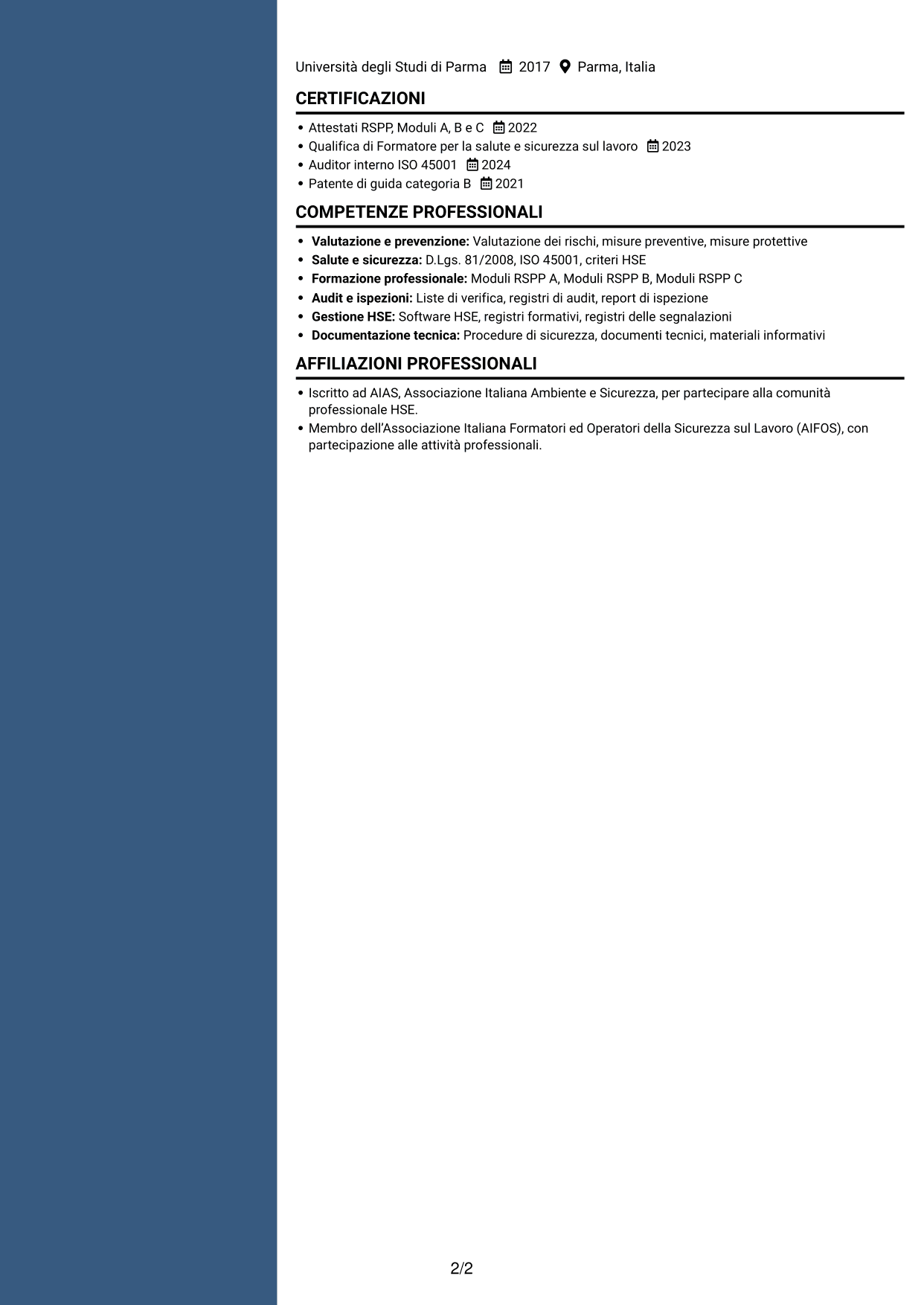 CV Elegante (formato con colonna laterale colorata e foto): RSPP e Formatore - Sicurezza industriale, pagina 2