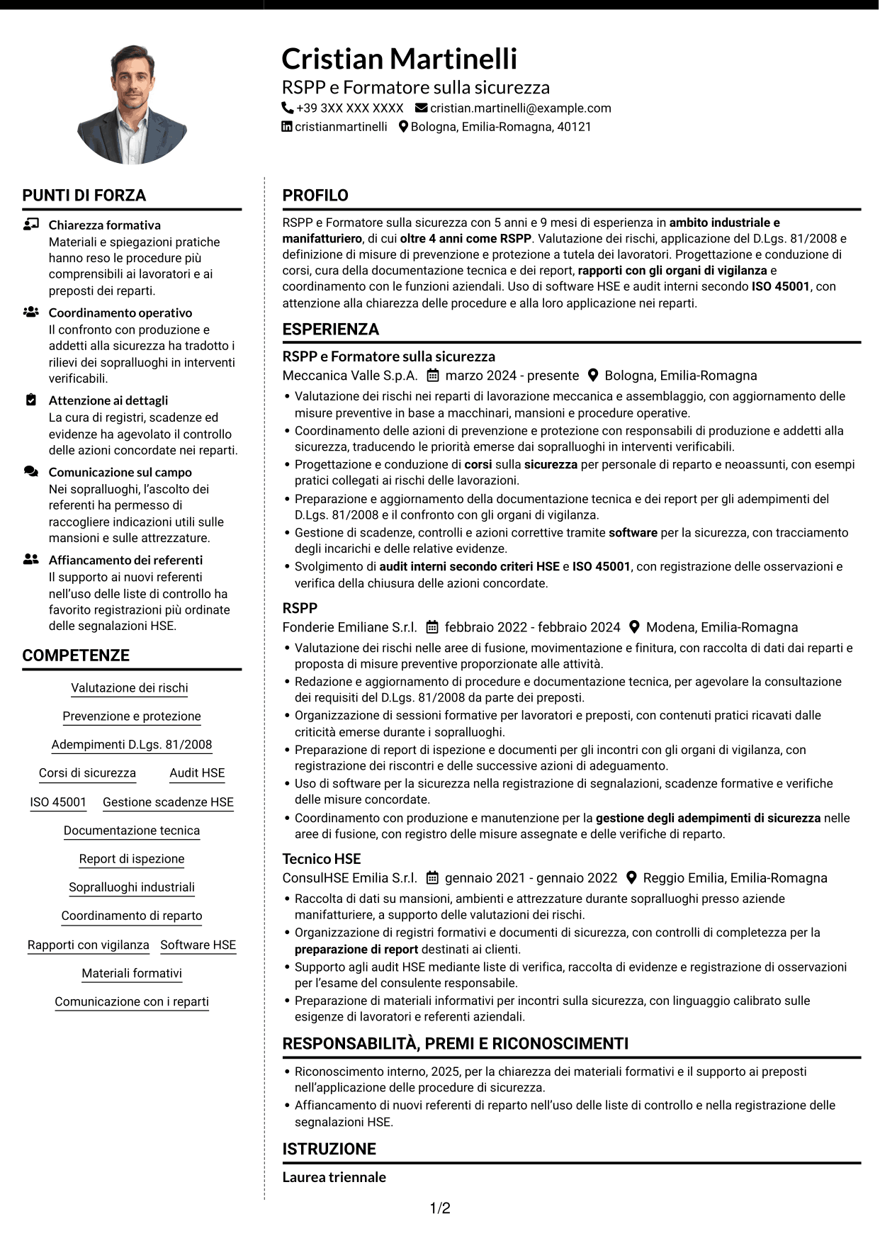 CV Moderno (formato a due colonne con foto a sinistra e separatore): RSPP e Formatore - Sicurezza industriale, pagina 1