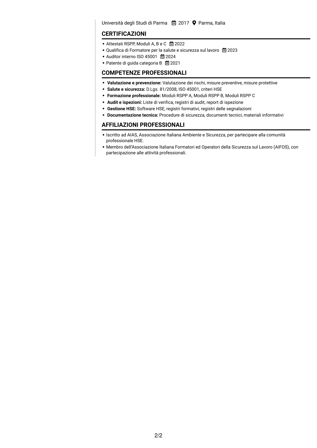 CV Moderno (formato a due colonne con foto a sinistra e separatore): RSPP e Formatore - Sicurezza industriale, pagina 2