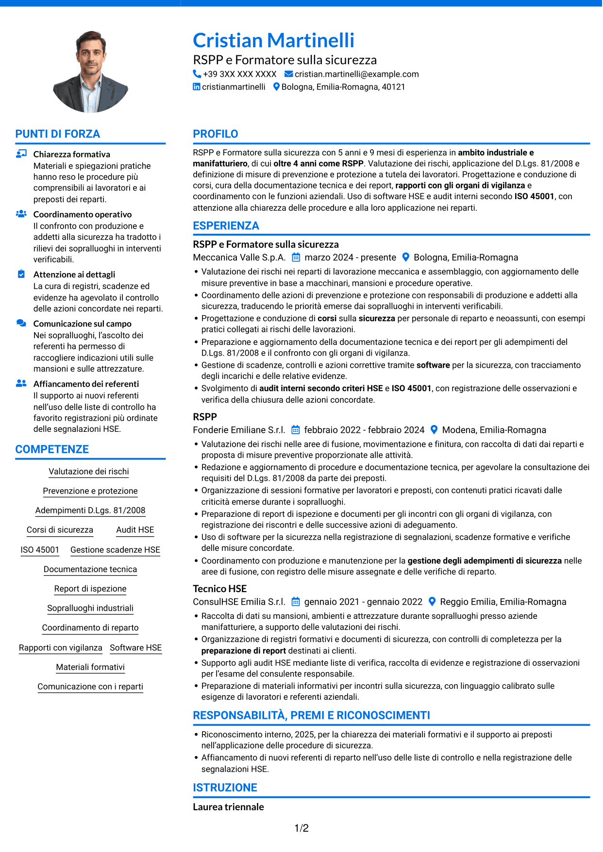 CV Audace (formato a due colonne con accenti colorati e foto): RSPP e Formatore - Sicurezza industriale, pagina 1