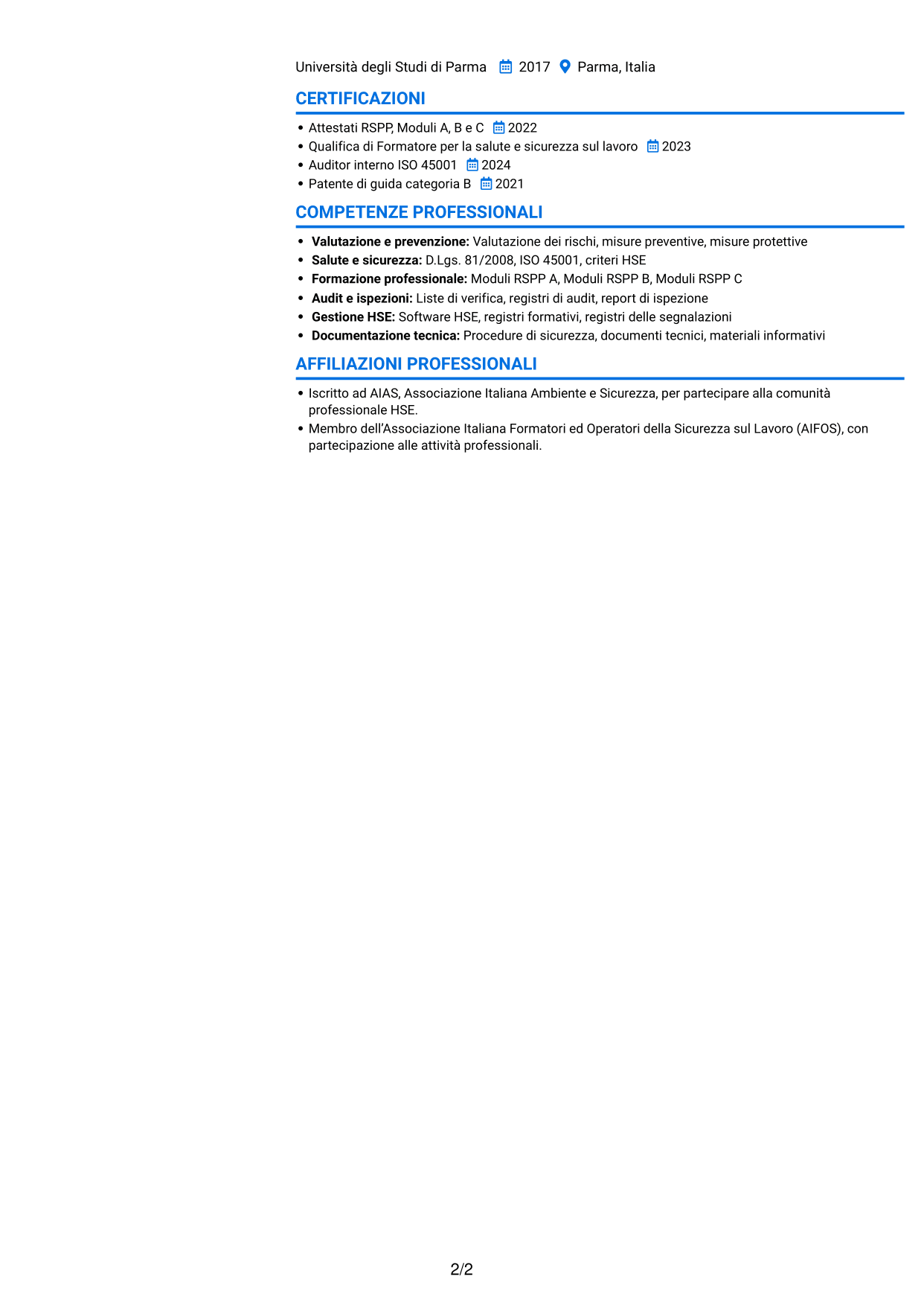 CV Audace (formato a due colonne con accenti colorati e foto): RSPP e Formatore - Sicurezza industriale, pagina 2