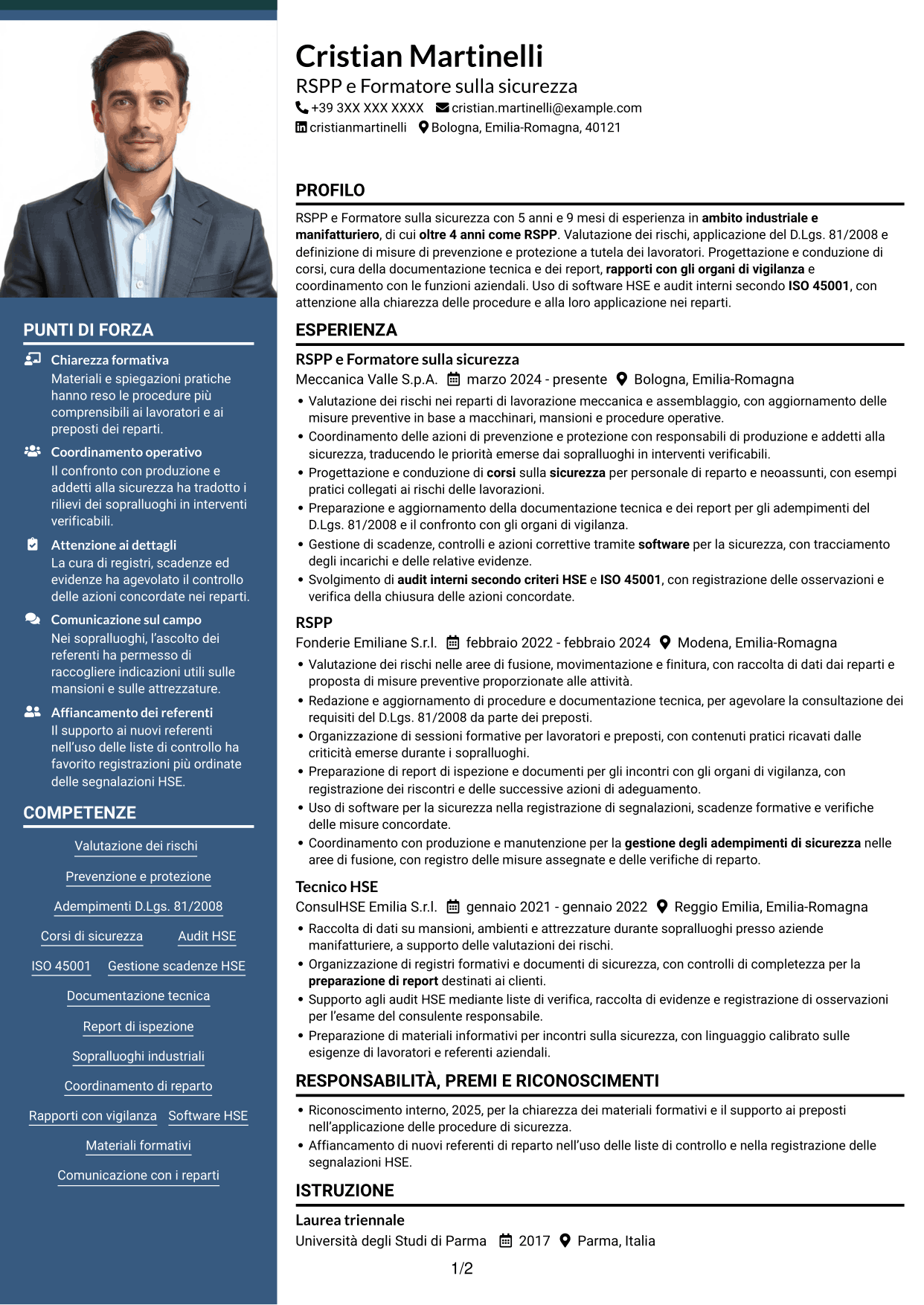 CV Signature (formato con colonna laterale colorata e foto grande): RSPP e Formatore - Sicurezza industriale, pagina 1