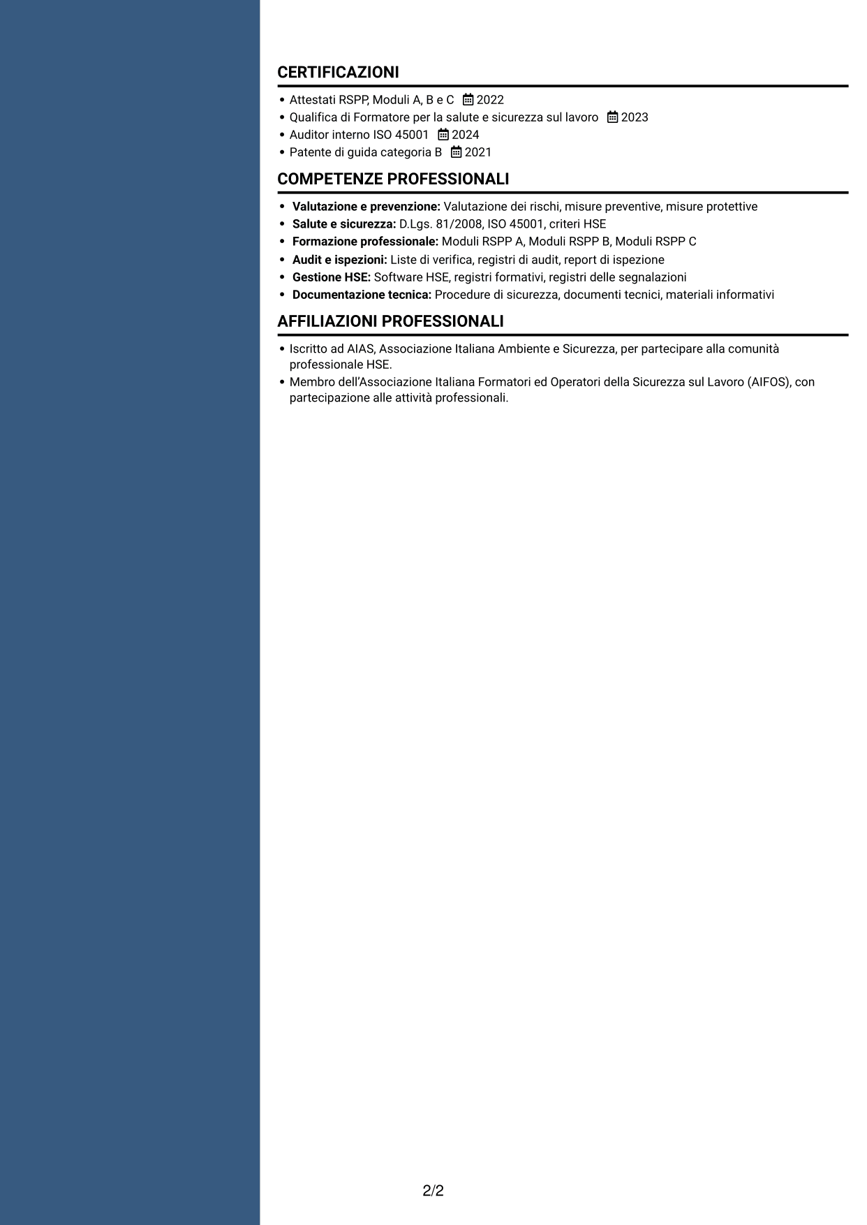 CV Signature (formato con colonna laterale colorata e foto grande): RSPP e Formatore - Sicurezza industriale, pagina 2