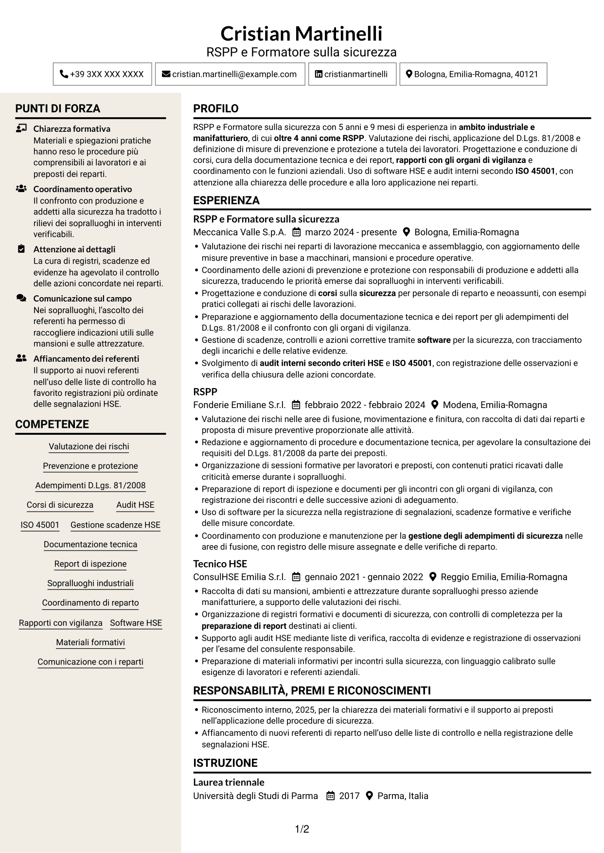CV Intraprendente (formato a due colonne con intestazione centrata senza foto): RSPP e Formatore - Sicurezza industriale, pagina 1