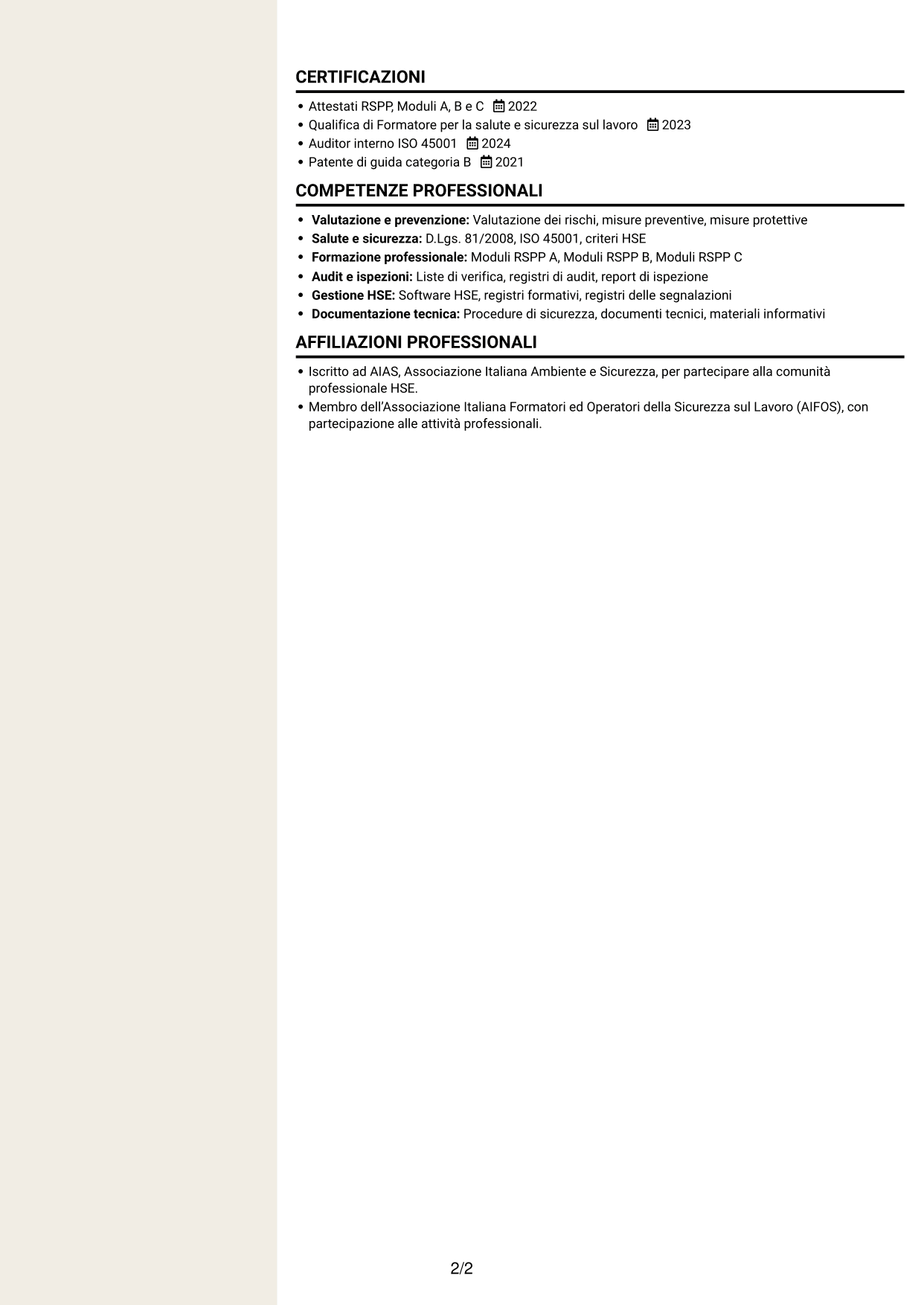 CV Intraprendente (formato a due colonne con intestazione centrata senza foto): RSPP e Formatore - Sicurezza industriale, pagina 2