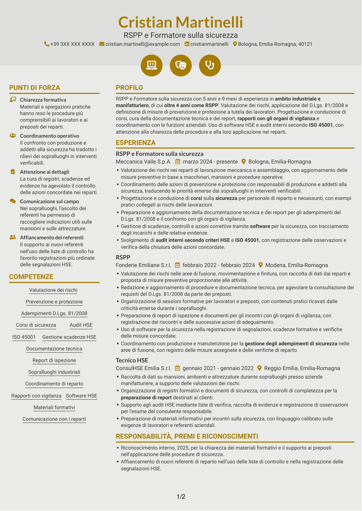 CV Dinamico (formato a due colonne con icone): RSPP e Formatore - Sicurezza industriale, pagina 1
