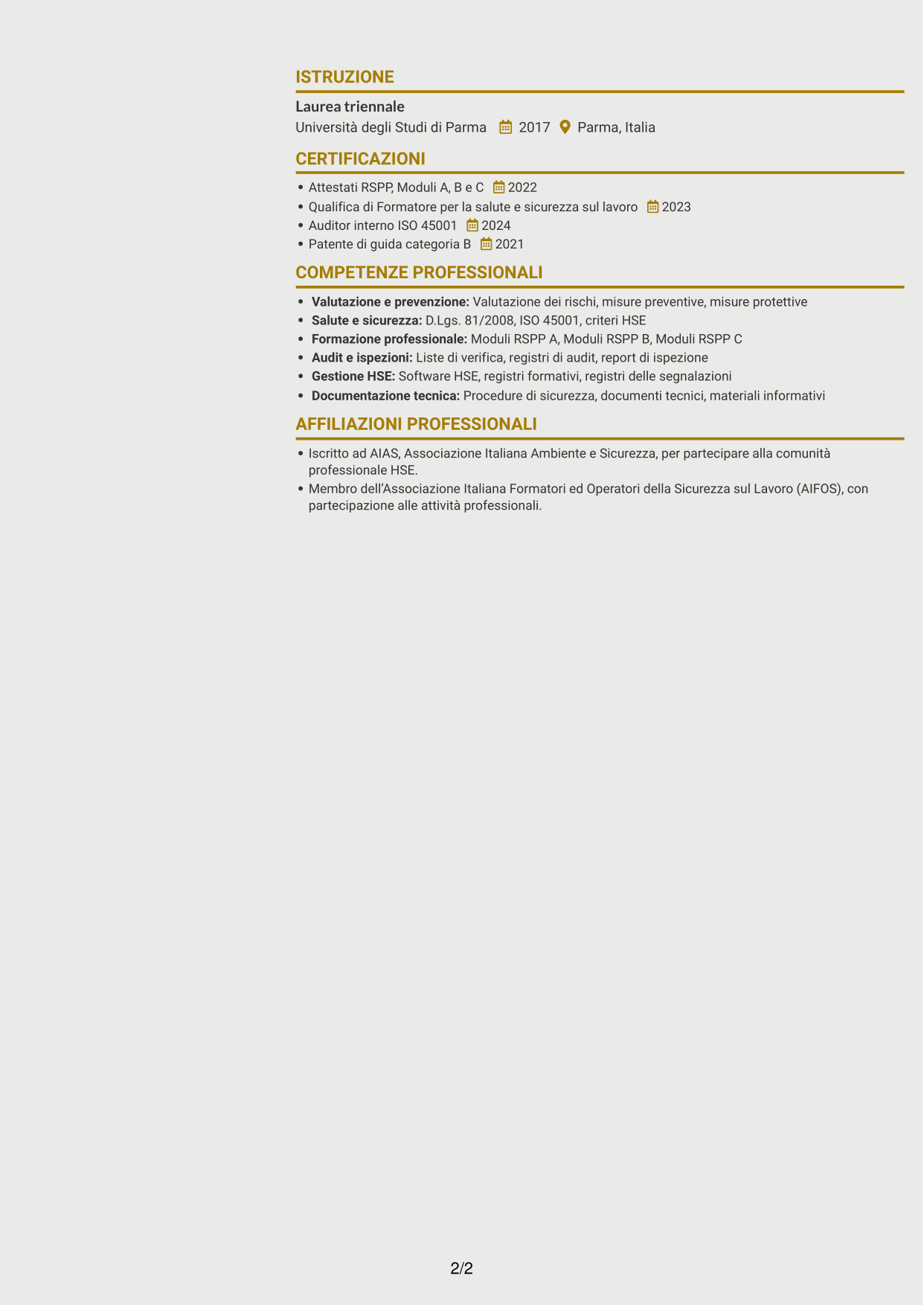 CV Dinamico (formato a due colonne con icone): RSPP e Formatore - Sicurezza industriale, pagina 2
