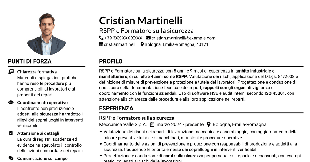 7 modelli di CV per RSPP e Formatore - Sicurezza industriale, con esempi