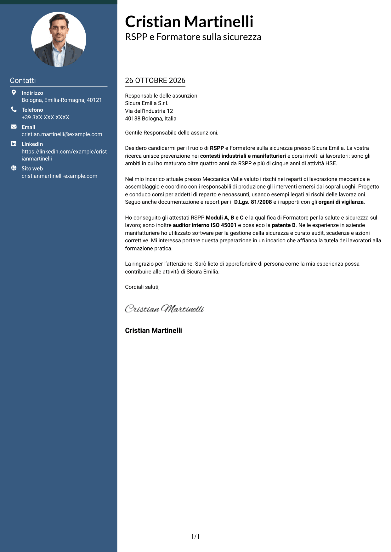 Lettera di presentazione Elegante (formato con colonna laterale colorata e foto): RSPP e Formatore - Sicurezza industriale, pagina 1
