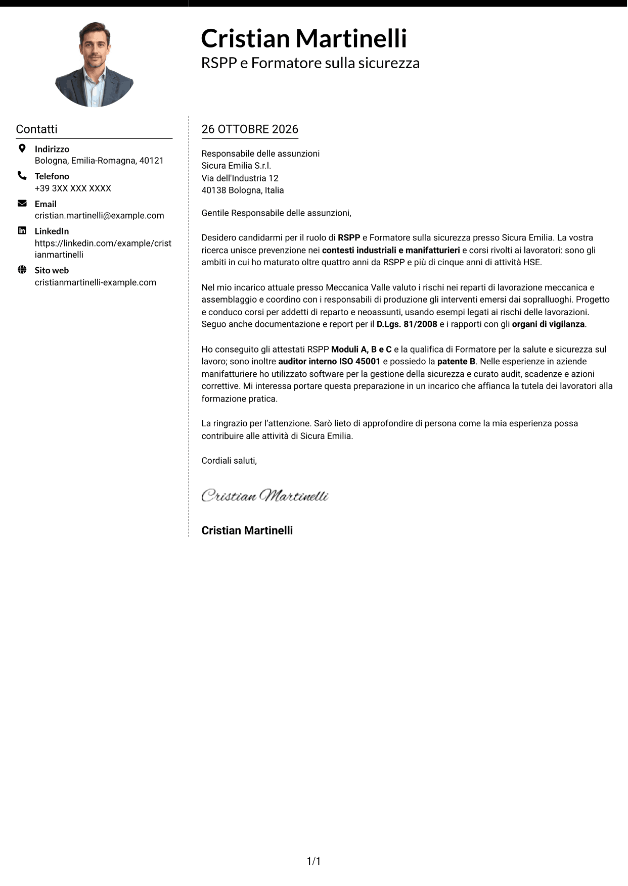 Lettera di presentazione Moderno (formato a due colonne con foto a sinistra e separatore): RSPP e Formatore - Sicurezza industriale, pagina 1