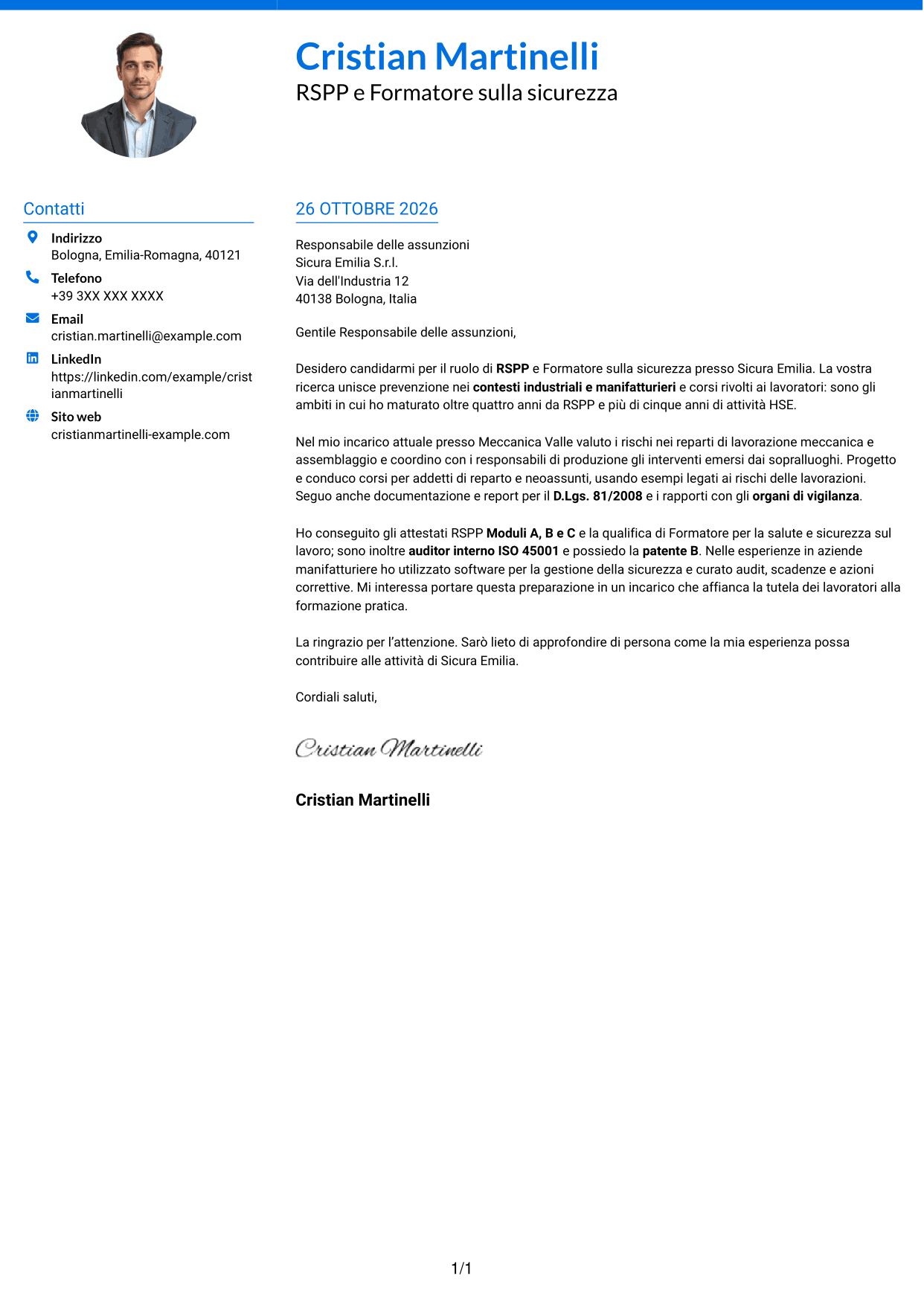 Lettera di presentazione Audace (formato a due colonne con accenti colorati e foto): RSPP e Formatore - Sicurezza industriale, pagina 1