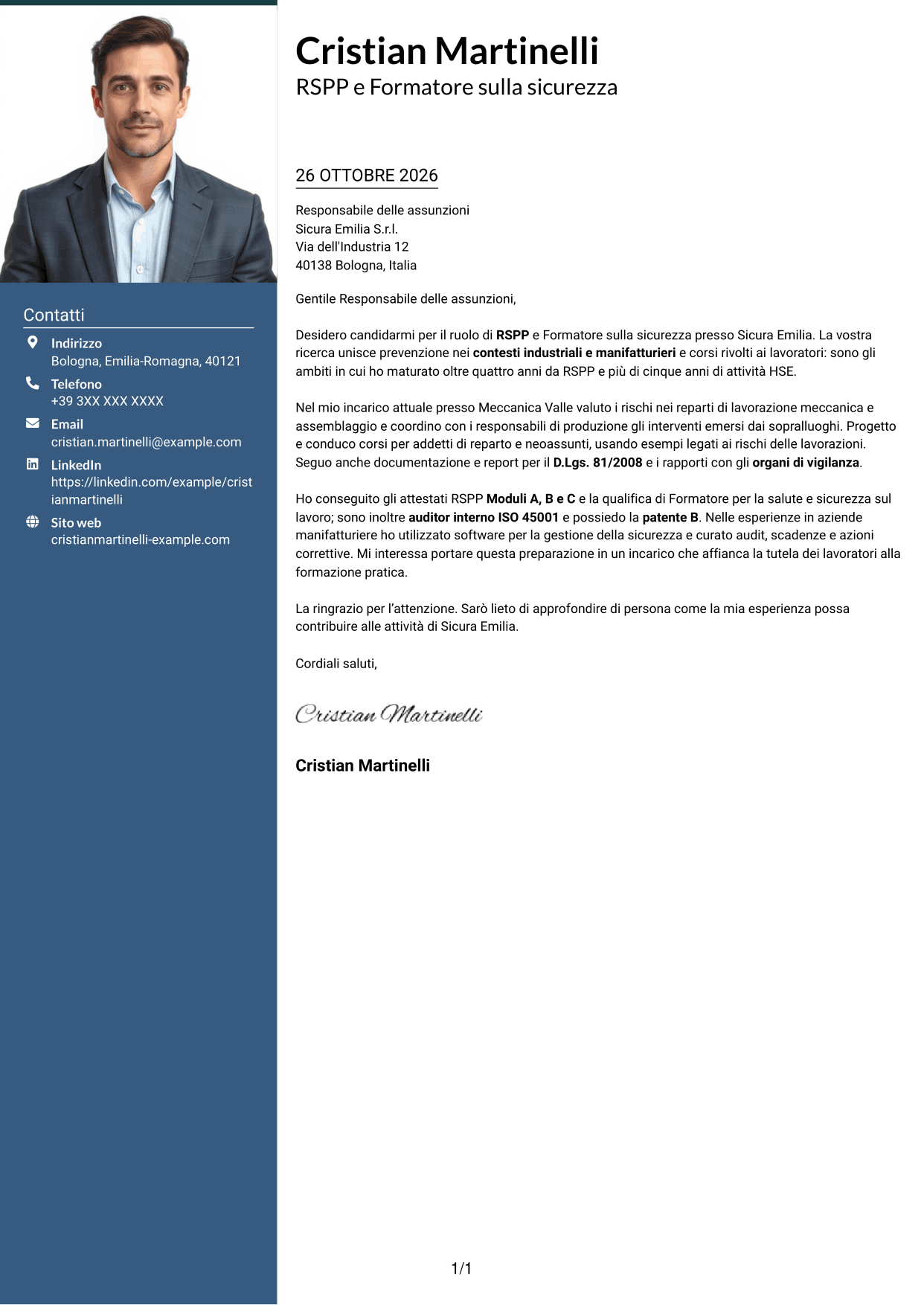 Lettera di presentazione Signature (formato con colonna laterale colorata e foto grande): RSPP e Formatore - Sicurezza industriale, pagina 1