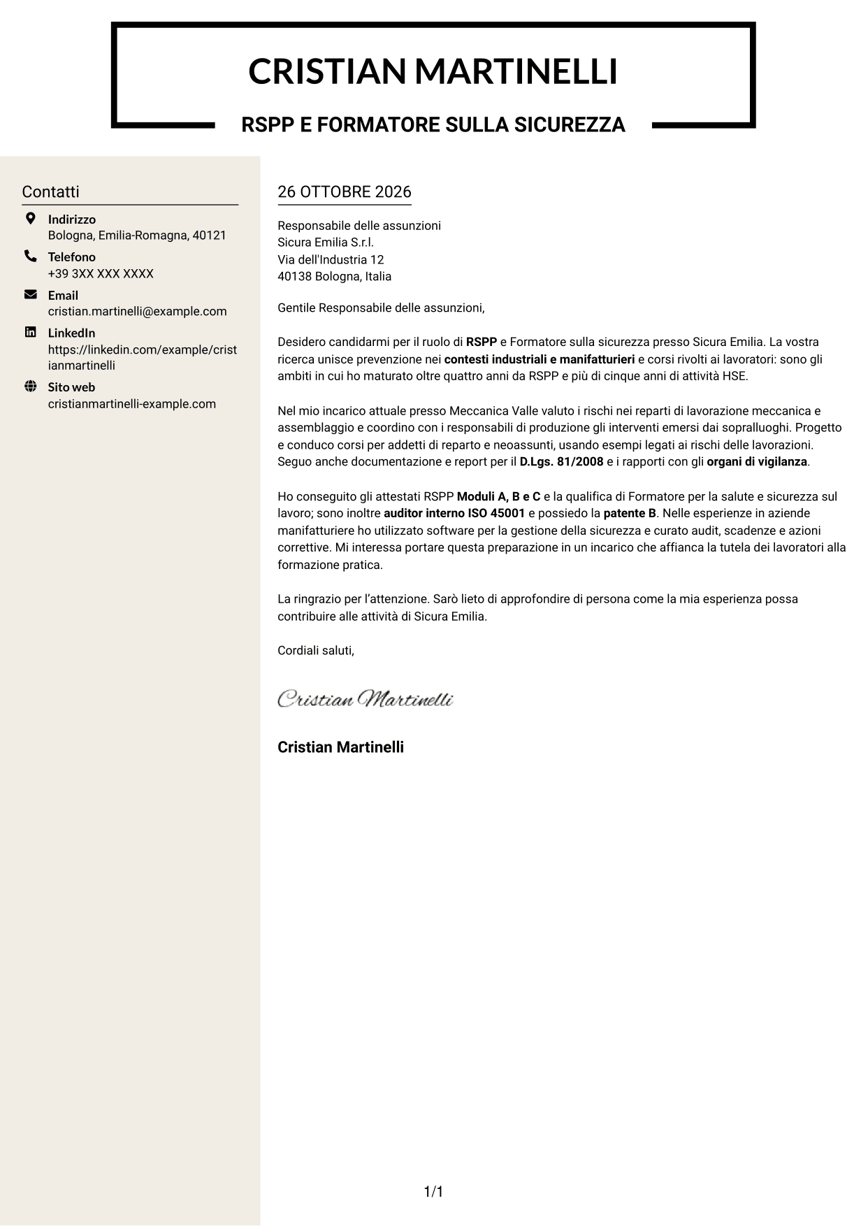 Lettera di presentazione Intraprendente (formato a due colonne con intestazione centrata senza foto): RSPP e Formatore - Sicurezza industriale, pagina 1