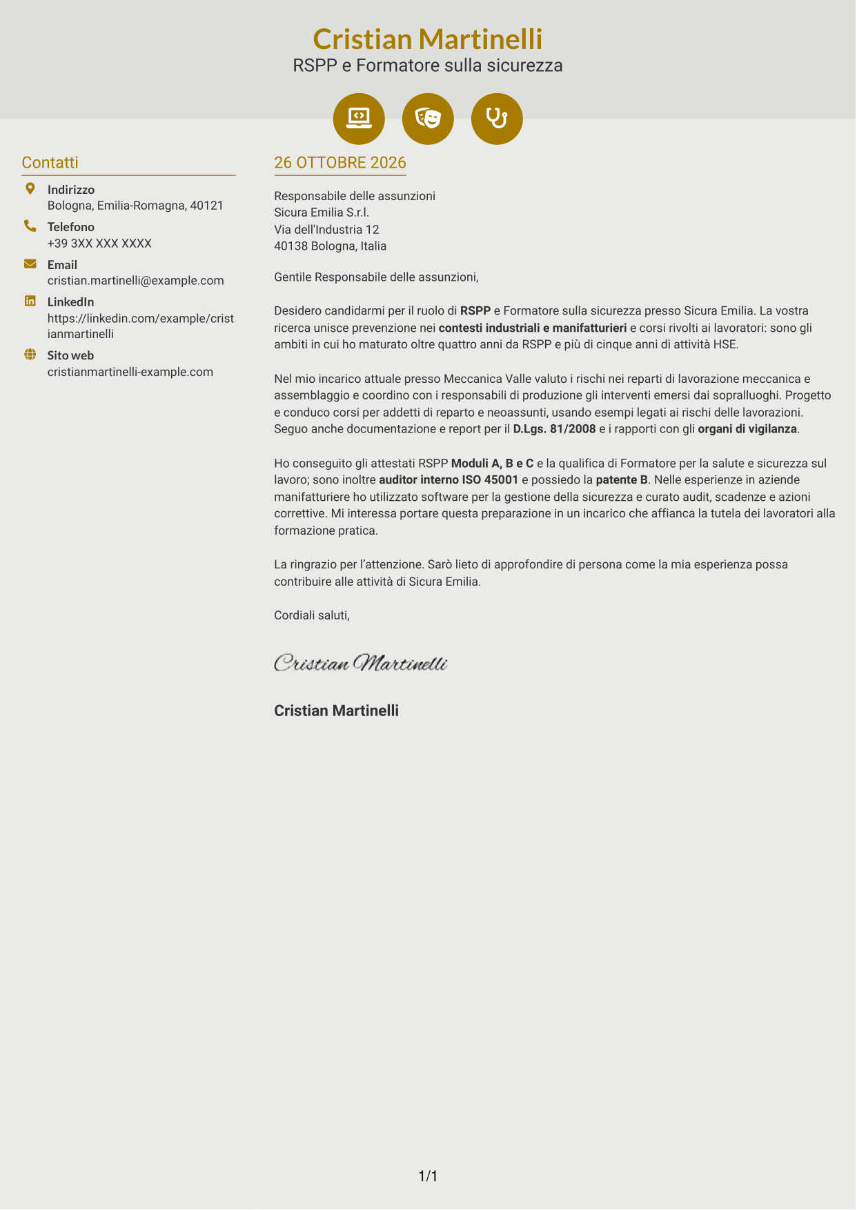 Lettera di presentazione Dinamico (formato a due colonne con icone): RSPP e Formatore - Sicurezza industriale, pagina 1