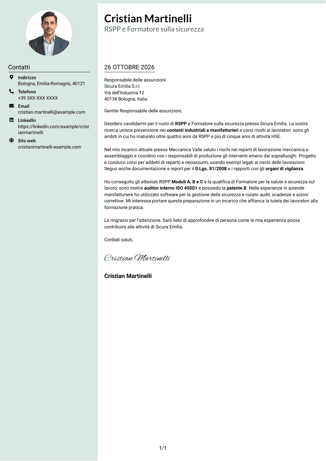 Lettera di presentazione Dirigente (formato con colonna laterale tenue e foto arrotondata): RSPP e Formatore - Sicurezza industriale, pagina 1