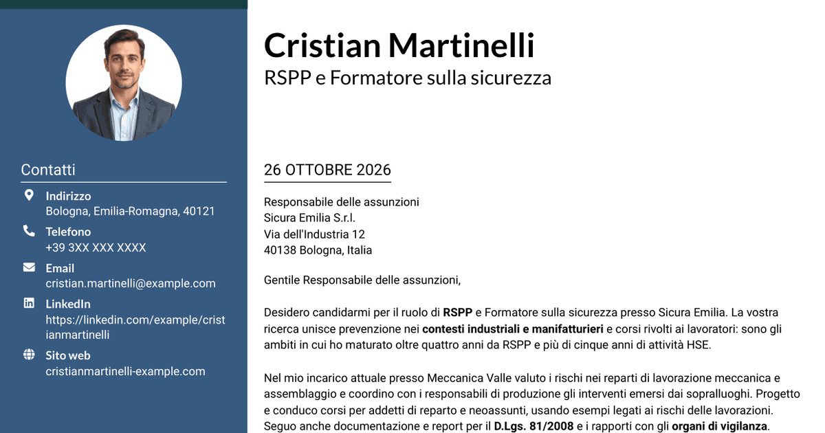 7 modelli di lettera di presentazione per RSPP e Formatore - Sicurezza industriale, con esempi