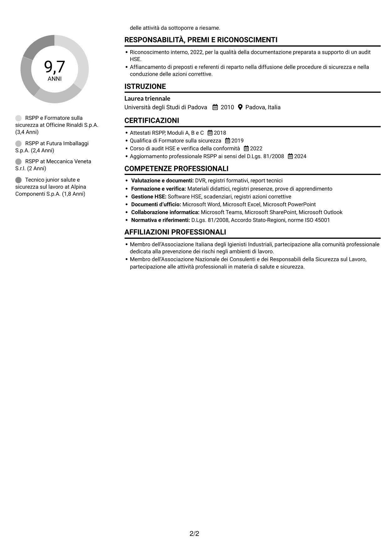 CV Compatto (formato sobrio a due colonne con foto): RSPP e Formatore - Sicurezza sul lavoro, pagina 2