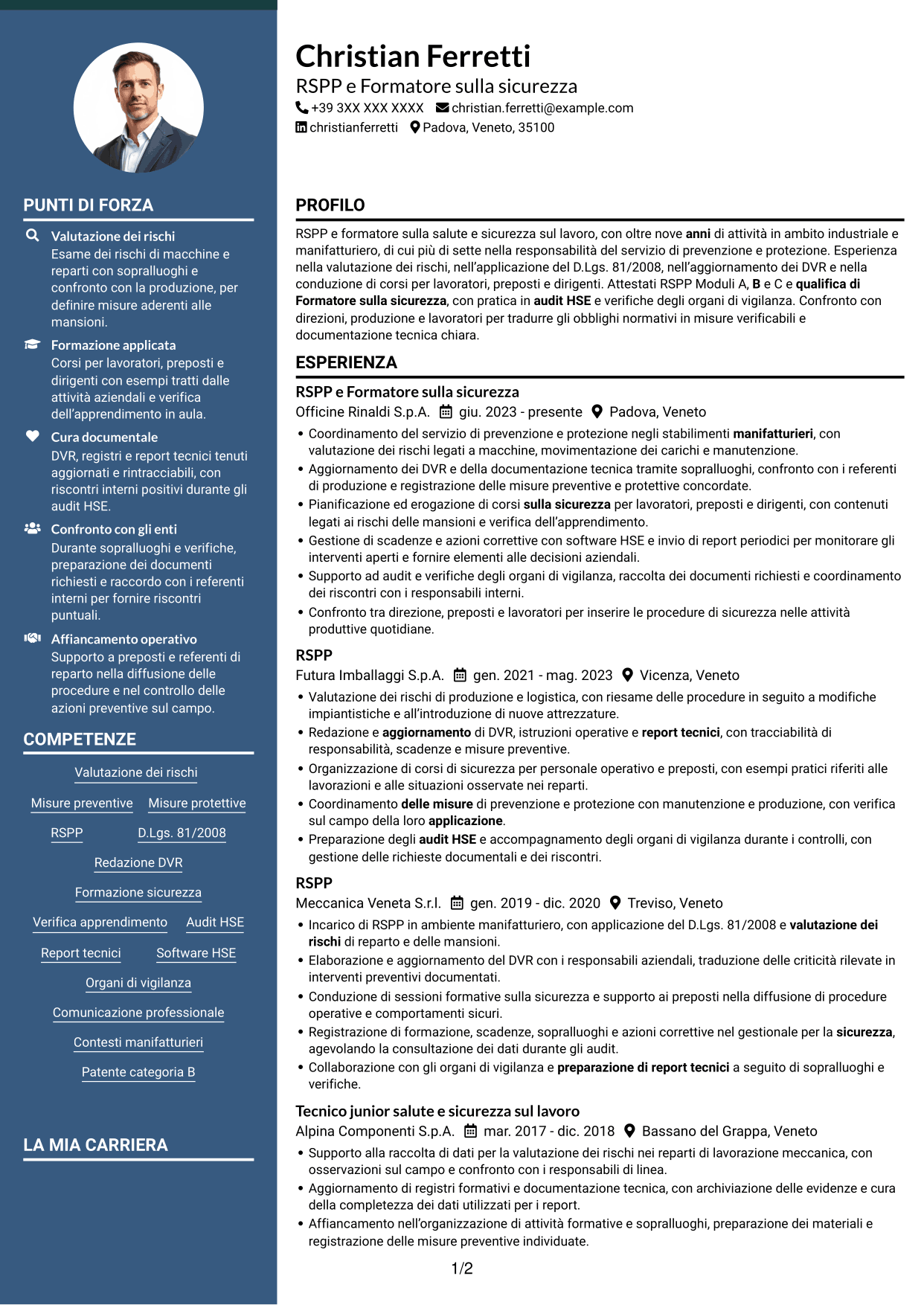 CV Elegante (formato con colonna laterale colorata e foto): RSPP e Formatore - Sicurezza sul lavoro, pagina 1