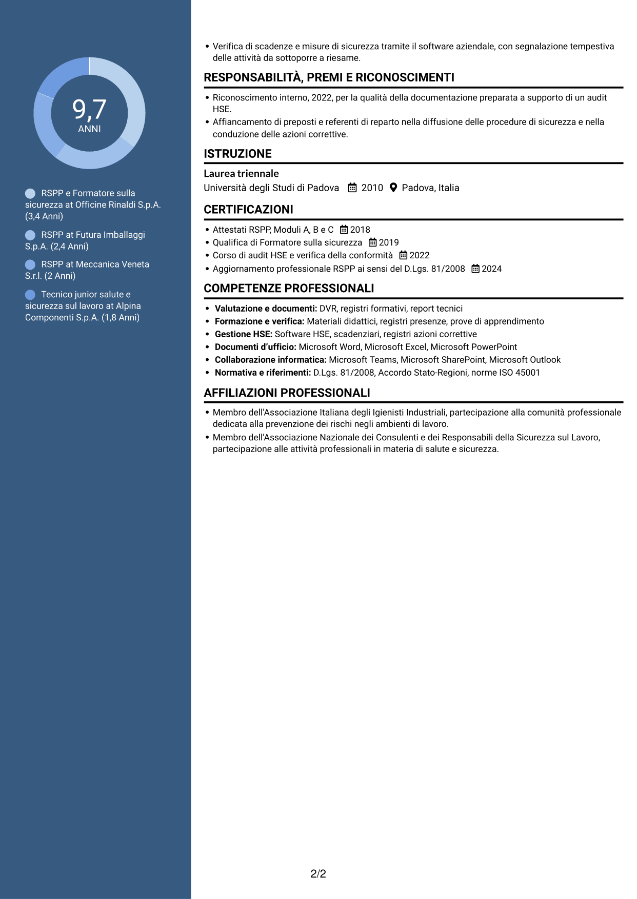 CV Elegante (formato con colonna laterale colorata e foto): RSPP e Formatore - Sicurezza sul lavoro, pagina 2
