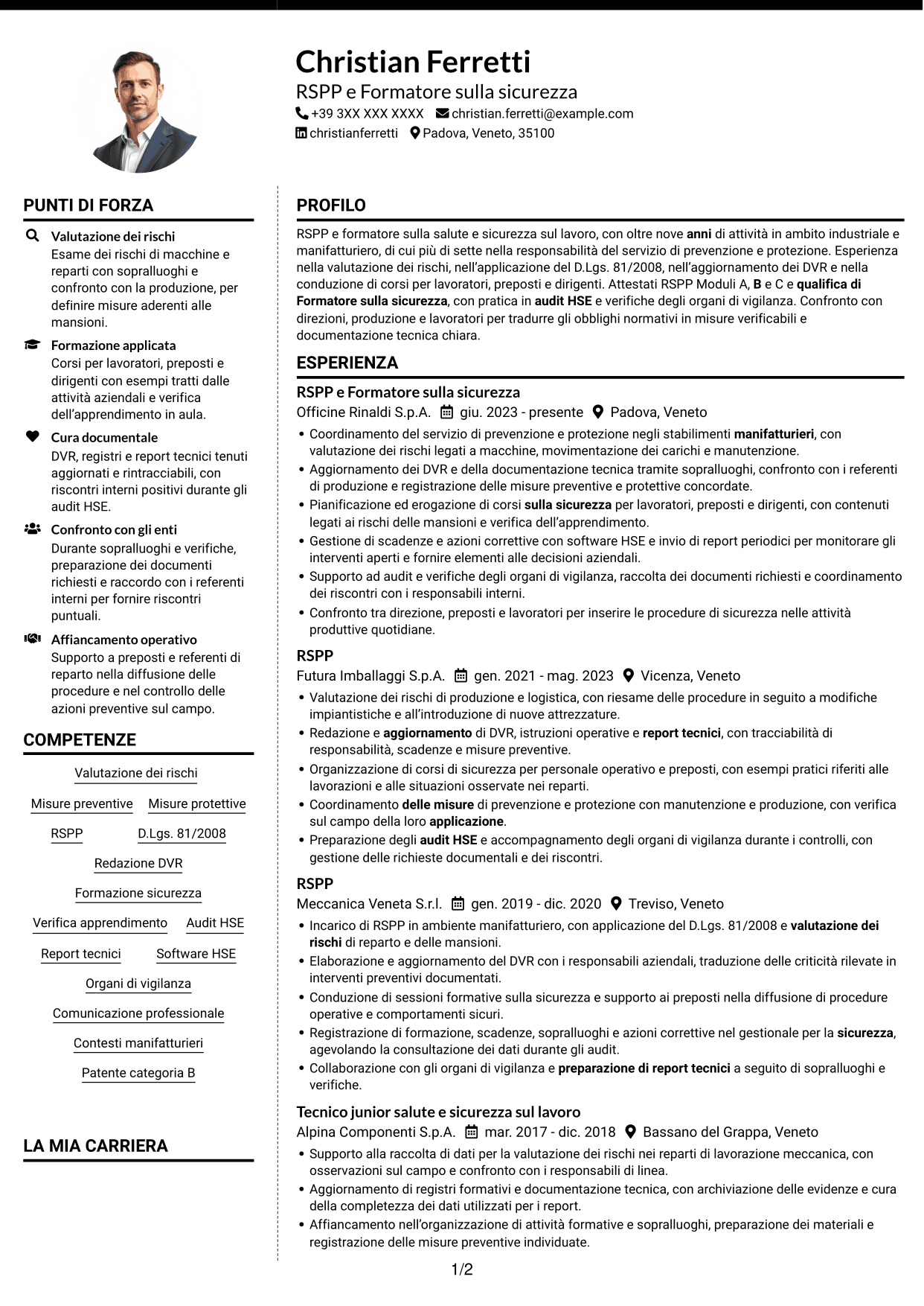 CV Moderno (formato a due colonne con foto a sinistra e separatore): RSPP e Formatore - Sicurezza sul lavoro, pagina 1