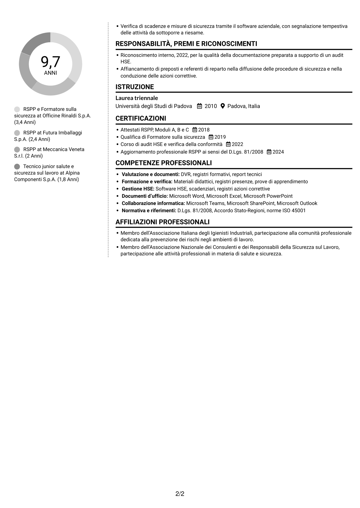 CV Moderno (formato a due colonne con foto a sinistra e separatore): RSPP e Formatore - Sicurezza sul lavoro, pagina 2