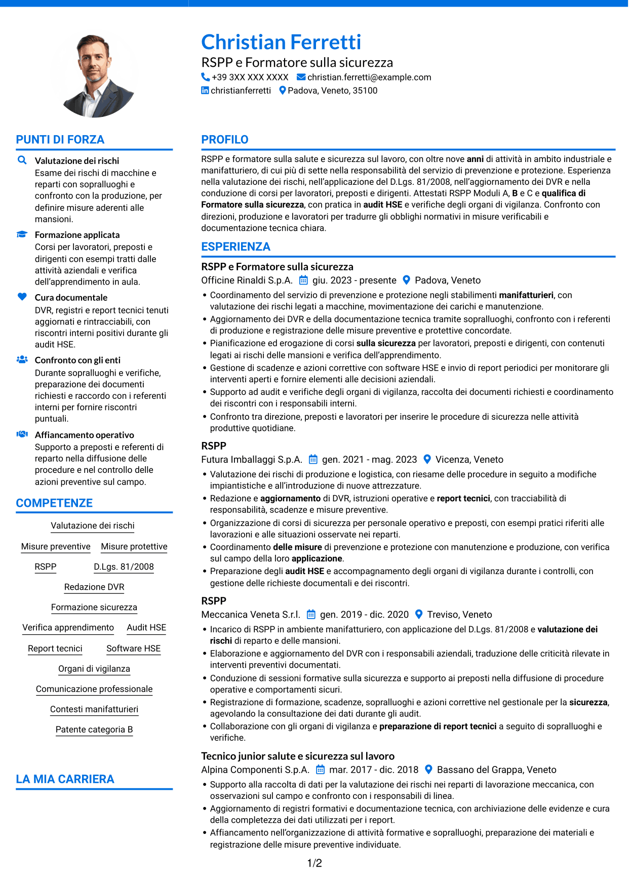 CV Audace (formato a due colonne con accenti colorati e foto): RSPP e Formatore - Sicurezza sul lavoro, pagina 1