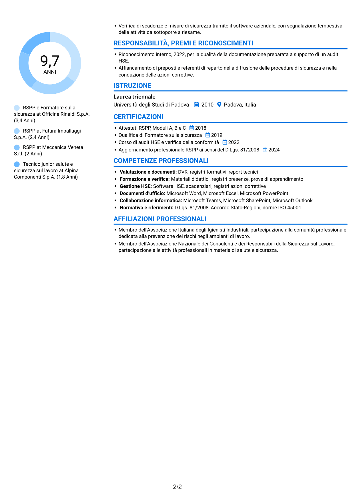 CV Audace (formato a due colonne con accenti colorati e foto): RSPP e Formatore - Sicurezza sul lavoro, pagina 2