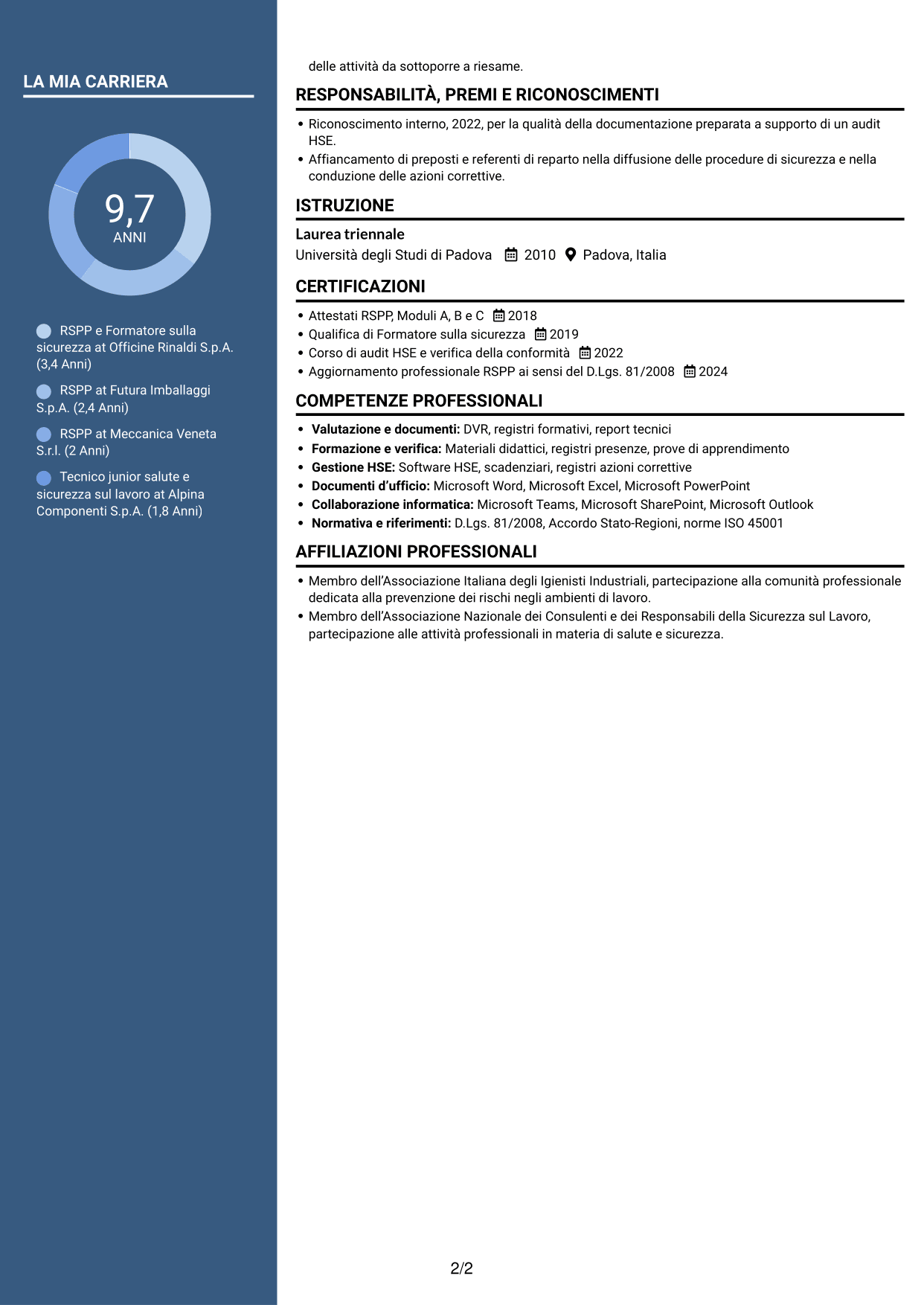CV Signature (formato con colonna laterale colorata e foto grande): RSPP e Formatore - Sicurezza sul lavoro, pagina 2