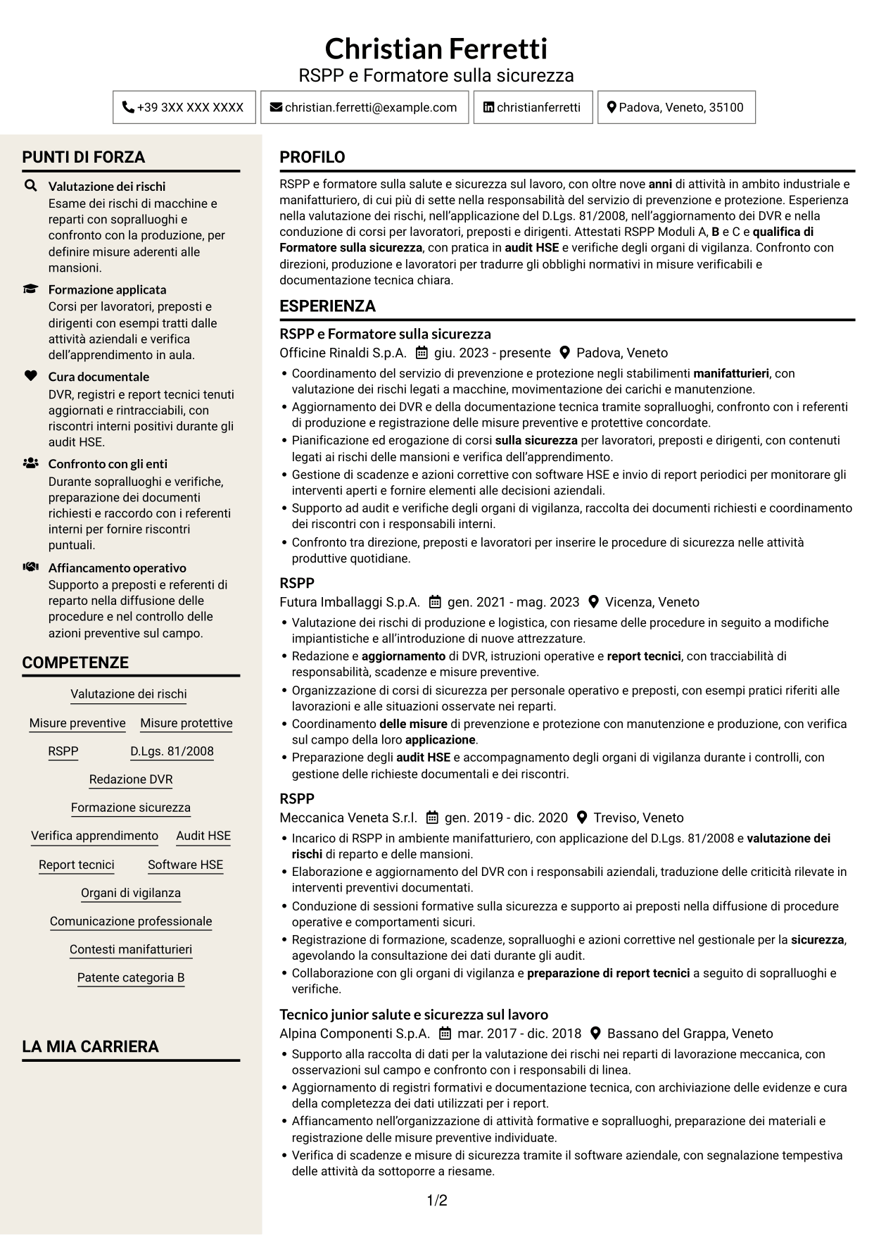 CV Intraprendente (formato a due colonne con intestazione centrata senza foto): RSPP e Formatore - Sicurezza sul lavoro, pagina 1