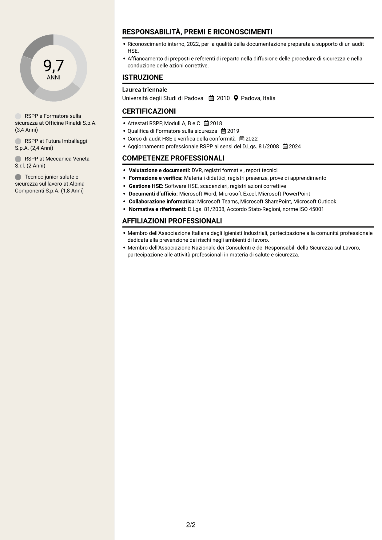 CV Intraprendente (formato a due colonne con intestazione centrata senza foto): RSPP e Formatore - Sicurezza sul lavoro, pagina 2