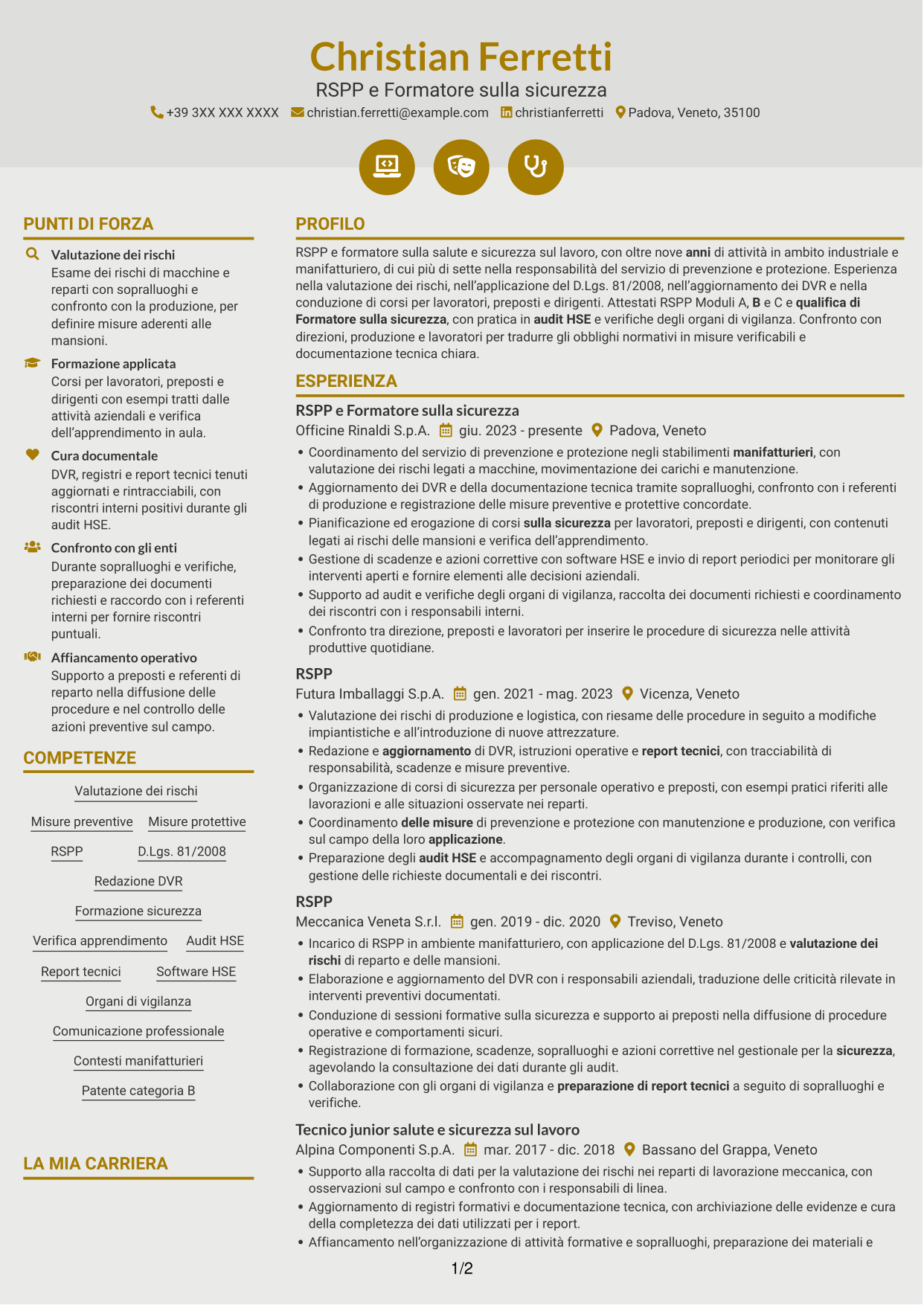 CV Dinamico (formato a due colonne con icone): RSPP e Formatore - Sicurezza sul lavoro, pagina 1
