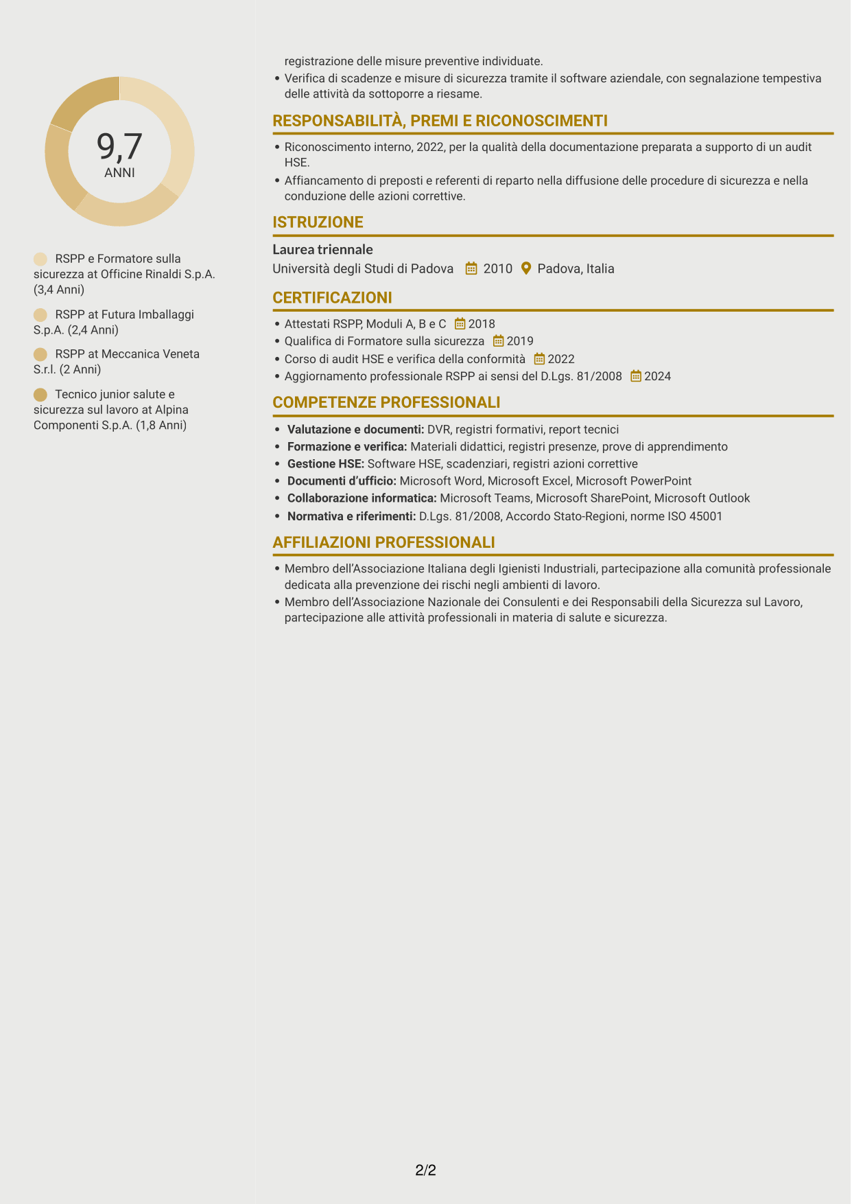 CV Dinamico (formato a due colonne con icone): RSPP e Formatore - Sicurezza sul lavoro, pagina 2
