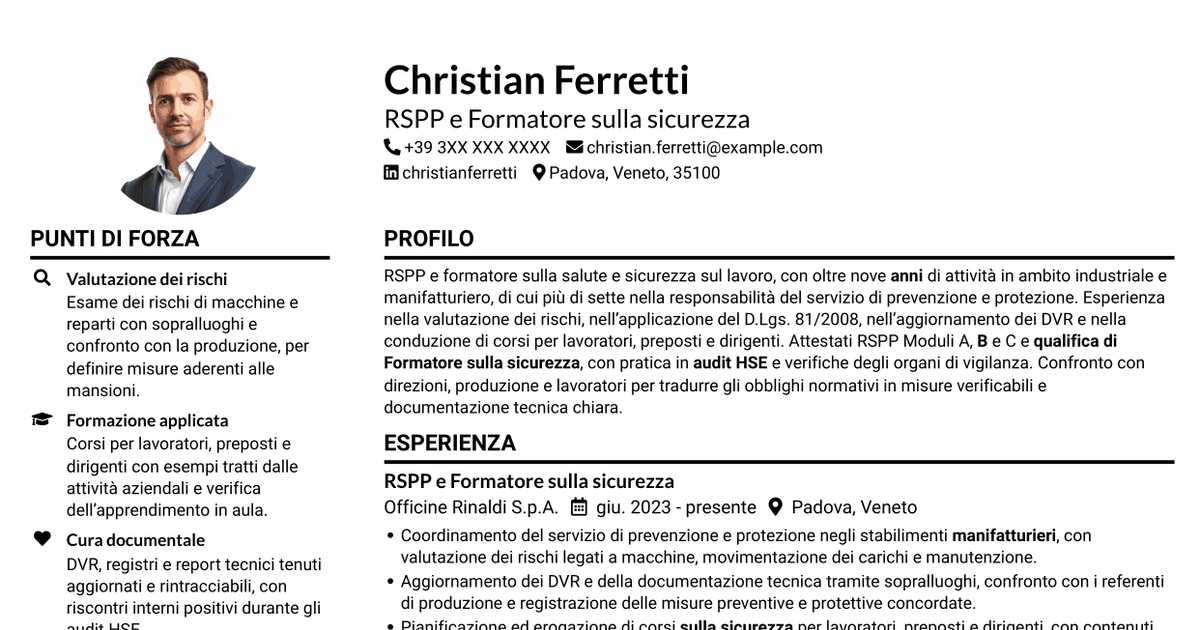 7 modelli di CV per RSPP e Formatore - Sicurezza sul lavoro, con esempi