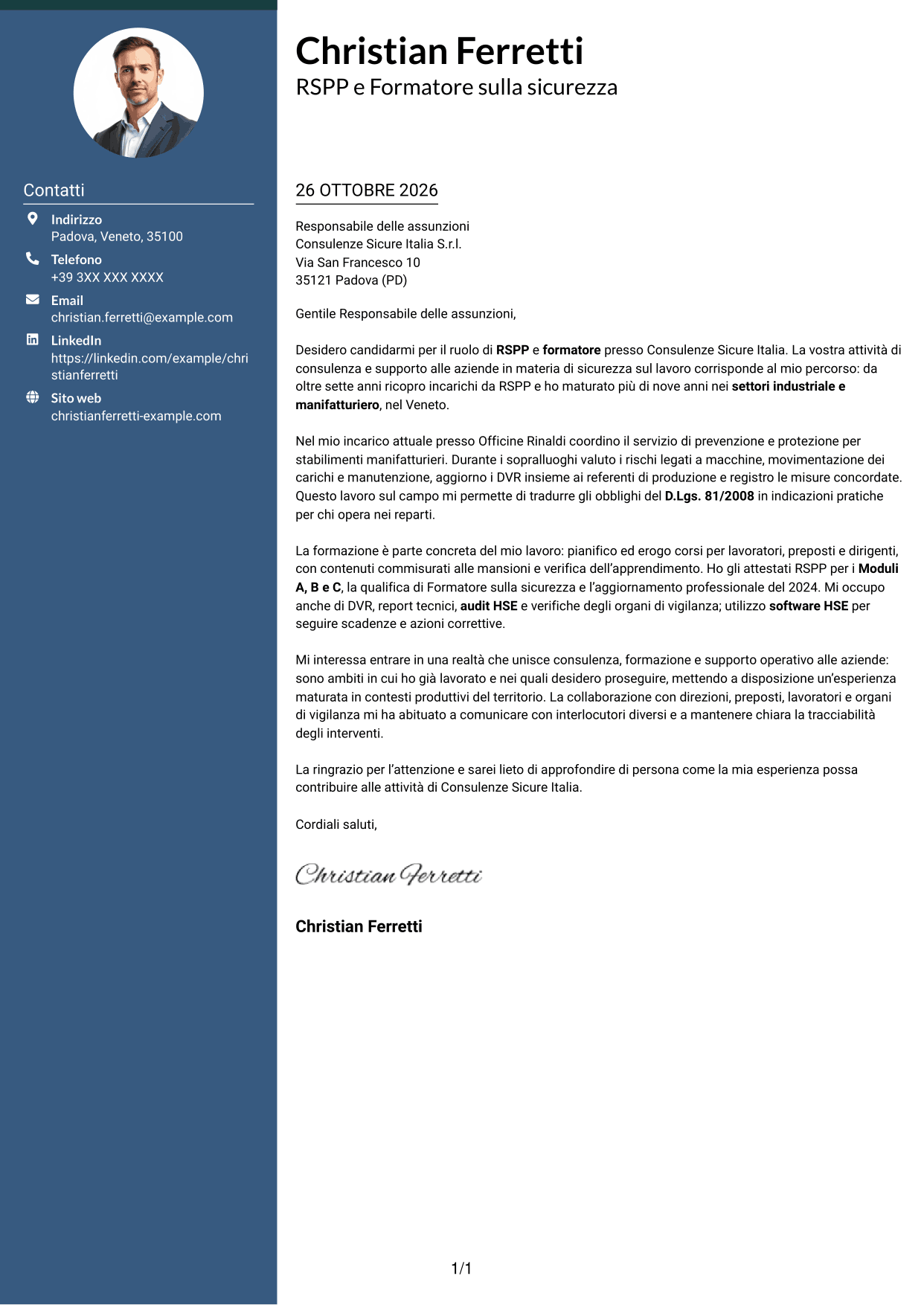 Lettera di presentazione Elegante (formato con colonna laterale colorata e foto): RSPP e Formatore - Sicurezza sul lavoro, pagina 1