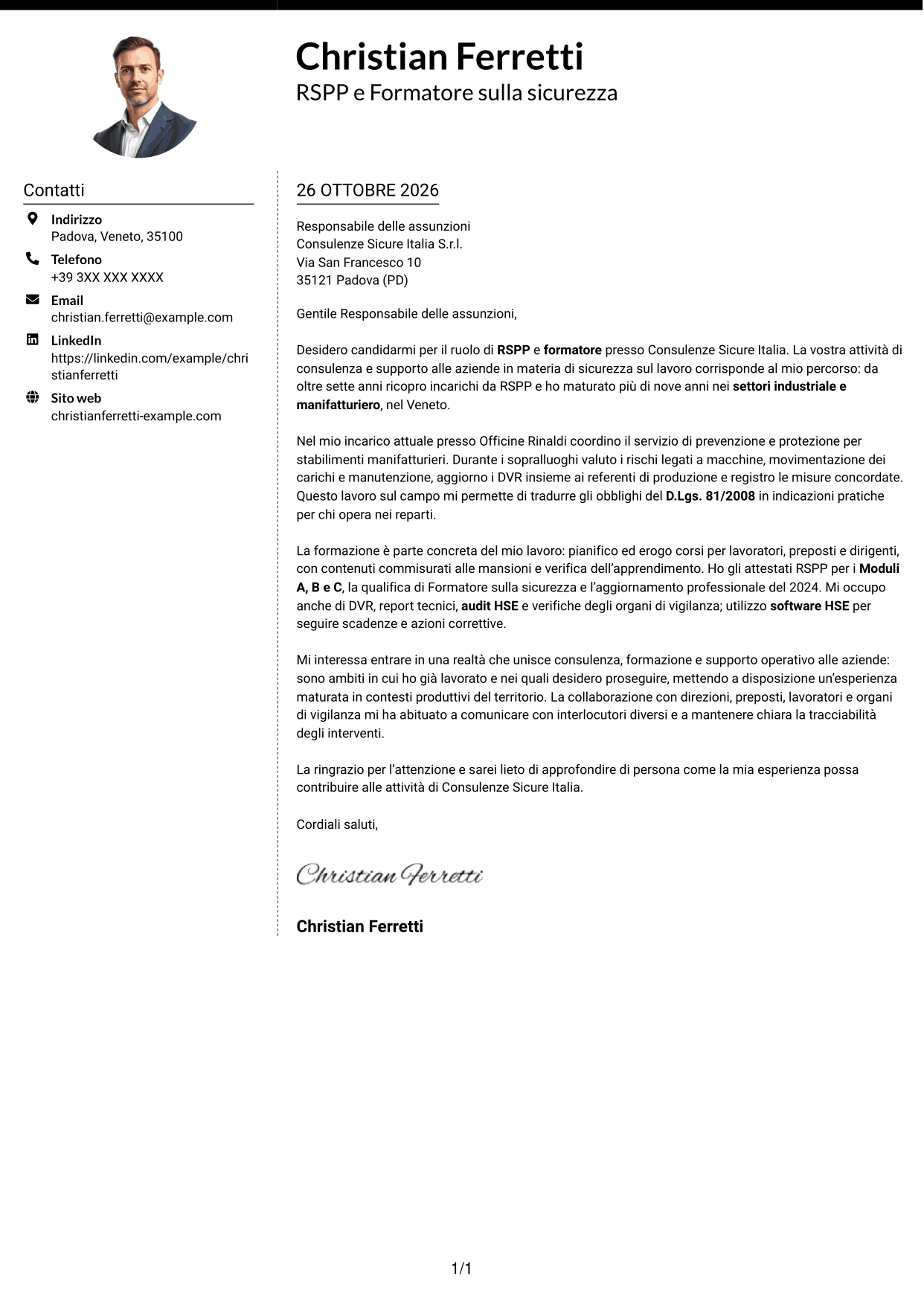 Lettera di presentazione Moderno (formato a due colonne con foto a sinistra e separatore): RSPP e Formatore - Sicurezza sul lavoro, pagina 1