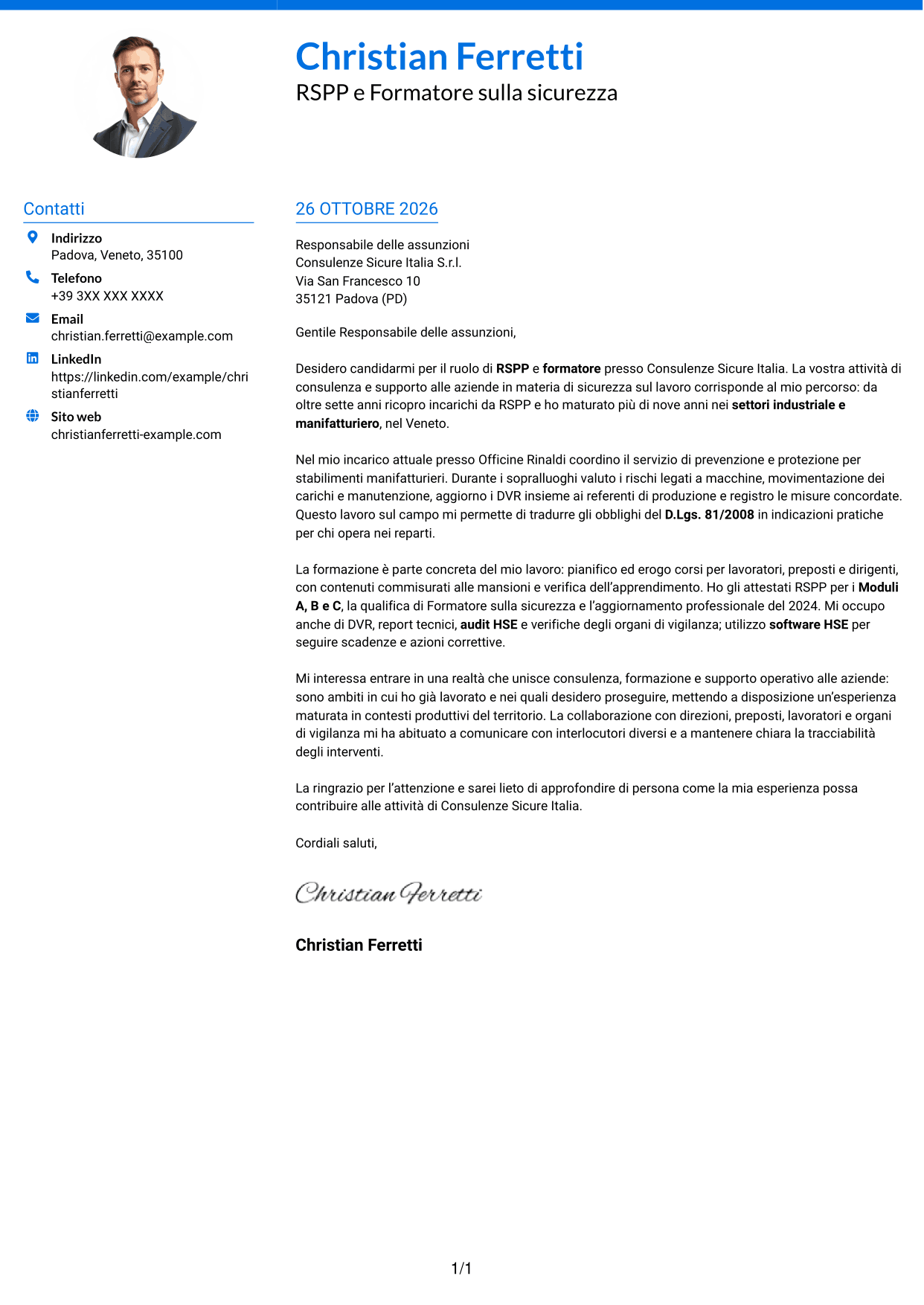 Lettera di presentazione Audace (formato a due colonne con accenti colorati e foto): RSPP e Formatore - Sicurezza sul lavoro, pagina 1