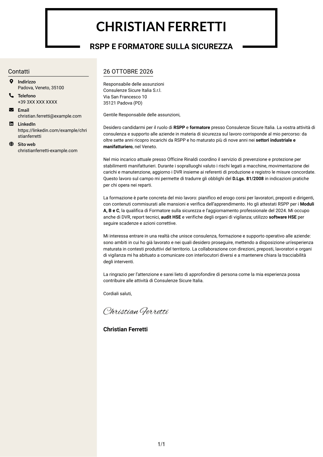 Lettera di presentazione Intraprendente (formato a due colonne con intestazione centrata senza foto): RSPP e Formatore - Sicurezza sul lavoro, pagina 1