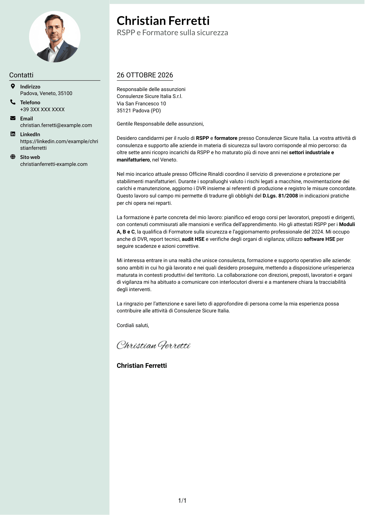 Lettera di presentazione Dirigente (formato con colonna laterale tenue e foto arrotondata): RSPP e Formatore - Sicurezza sul lavoro, pagina 1
