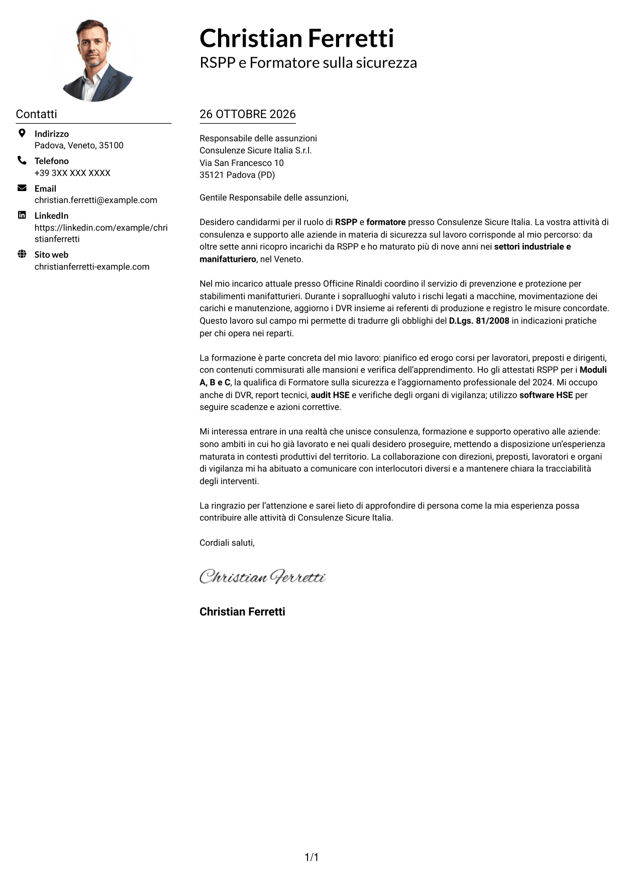 Esempio di lettera di presentazione — pagina 1